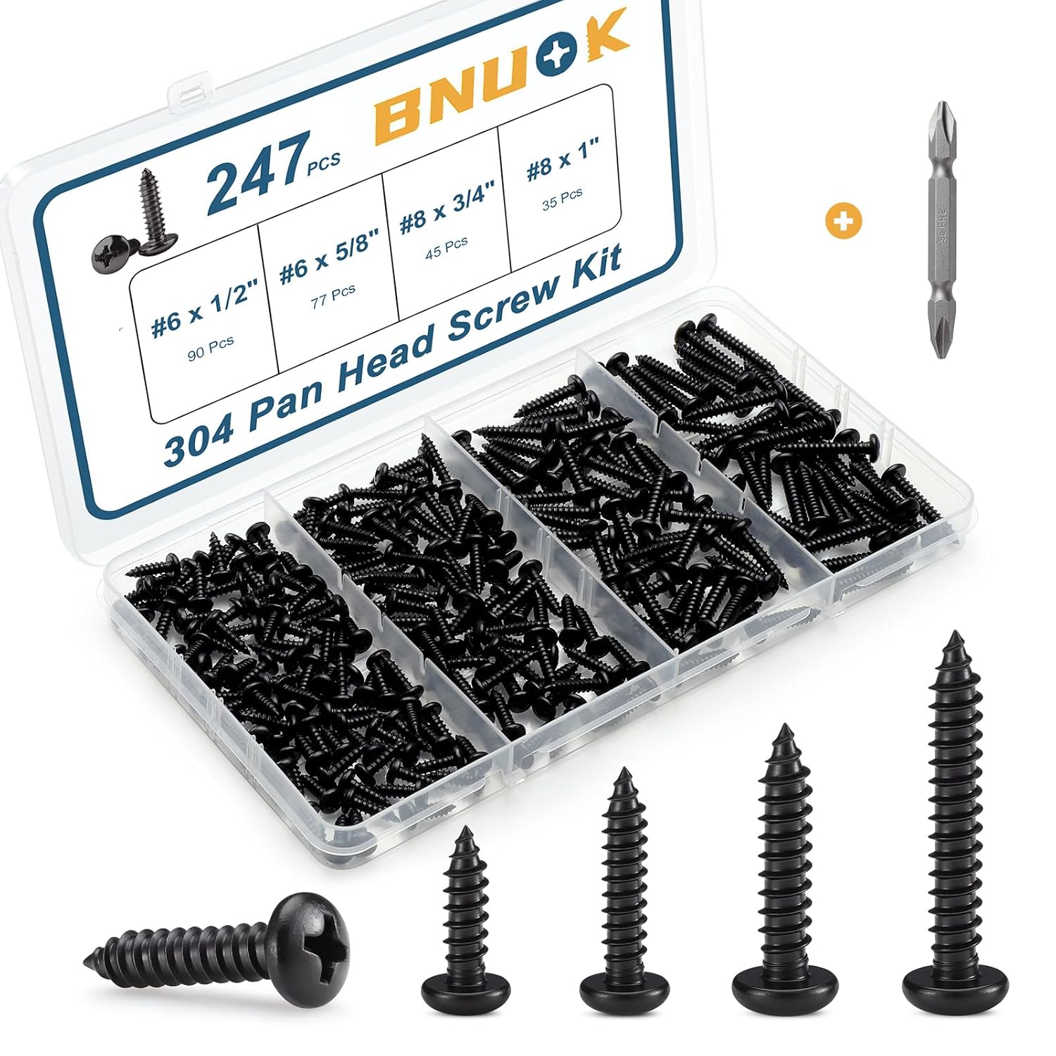 BNUOK  247-Piece Pan Head Wood Screws Assortment Kit Black Oxide 304 Stainless Steel 18-8 Self Tapping Sheet Metal Screws Set Phillips Drive Sharp Point Black Fasteners Case for Woodworking Furniture and Automotive Repair