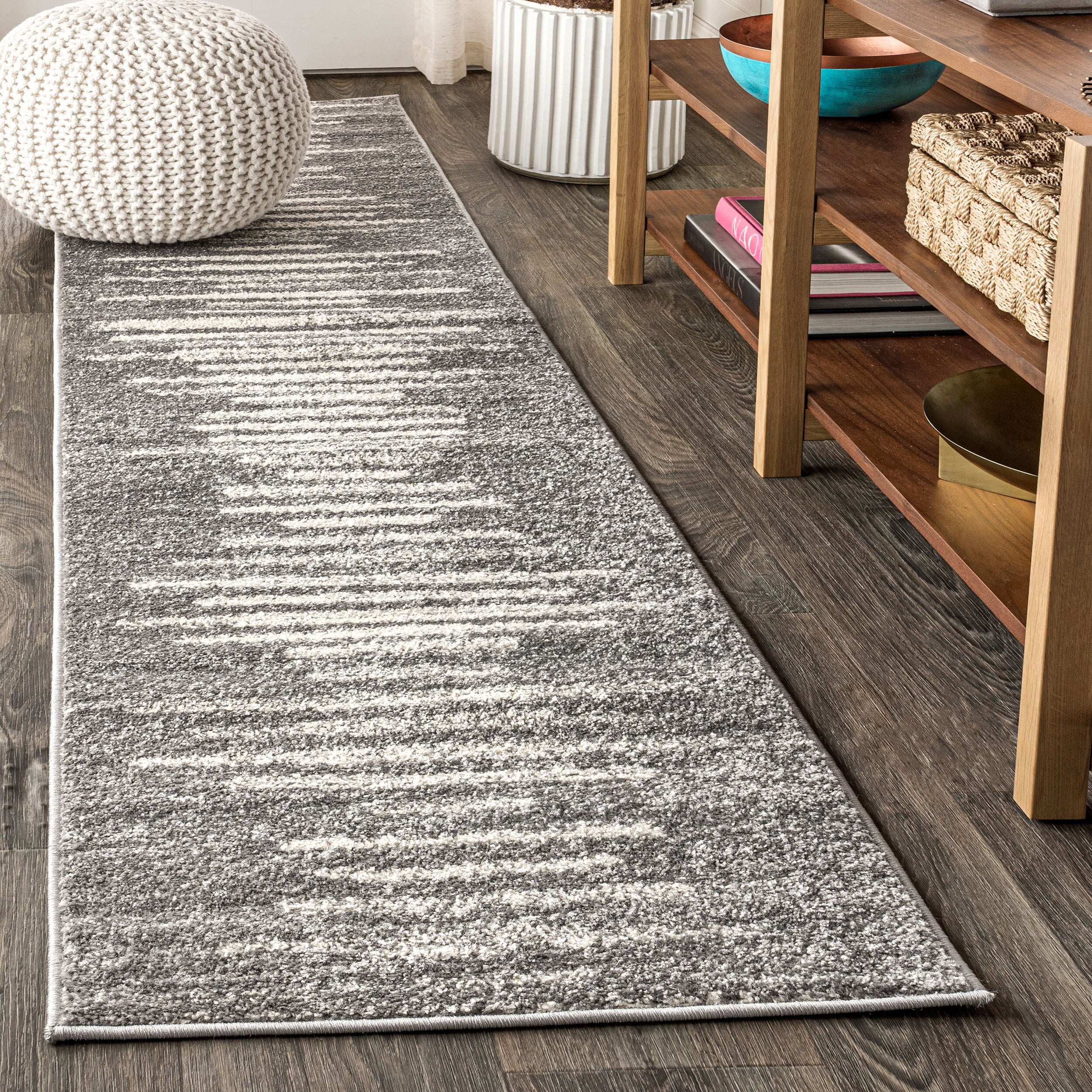 Gray and Ivory Striped Synthetic Runner Rug