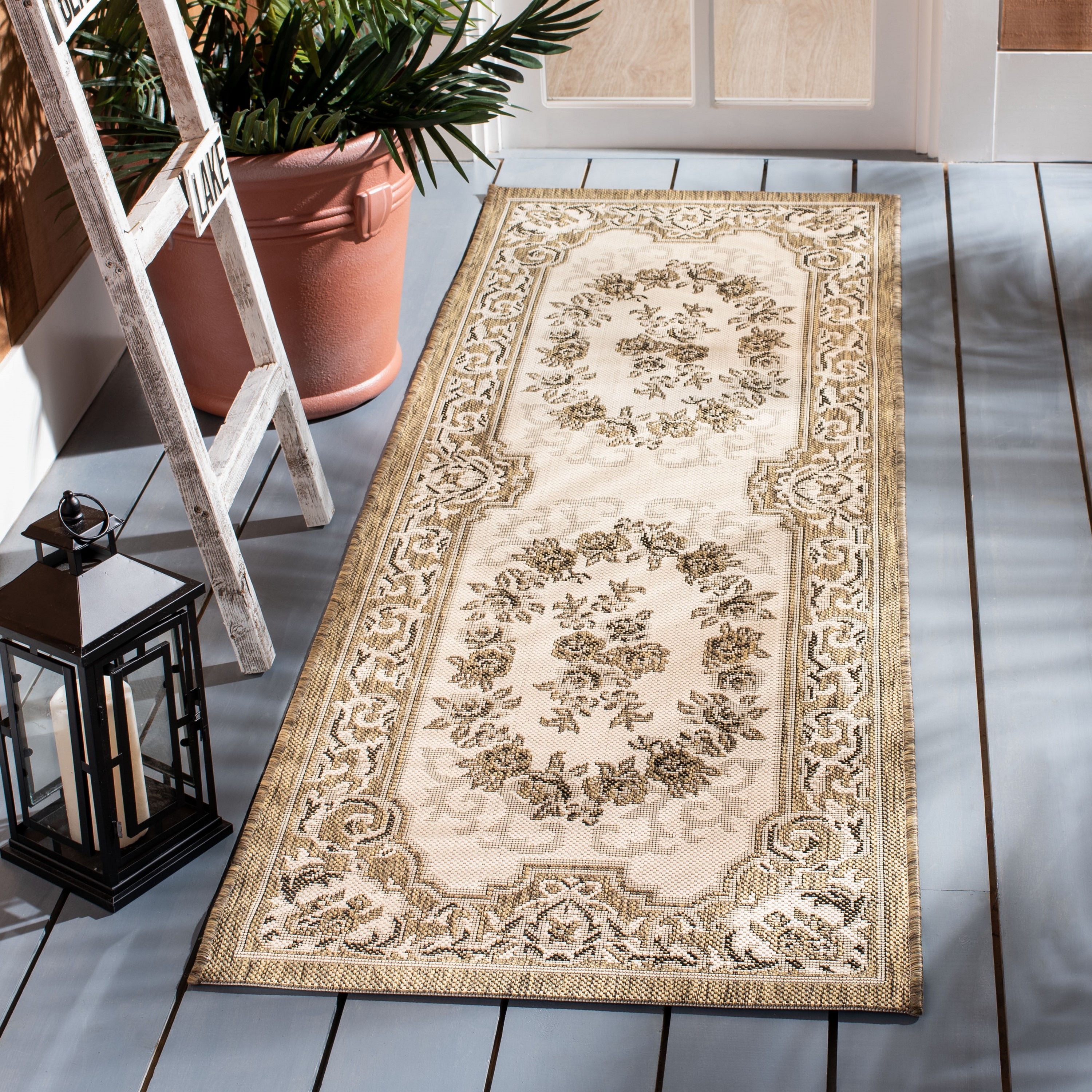 Safavieh CY7208-12A5-27 Courtyard Ales 2 x 7 (ft) Loomed Polypropylene Creme/Brown Rectangular Indoor/Outdoor Floral/Botanical Coastal Runner rug