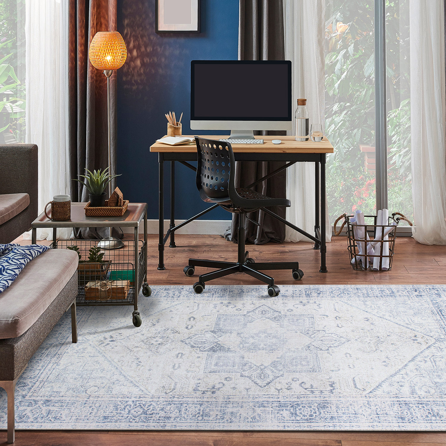 Blue Medallion Flat Woven Washable Synthetic Area Rug 5' x 7'