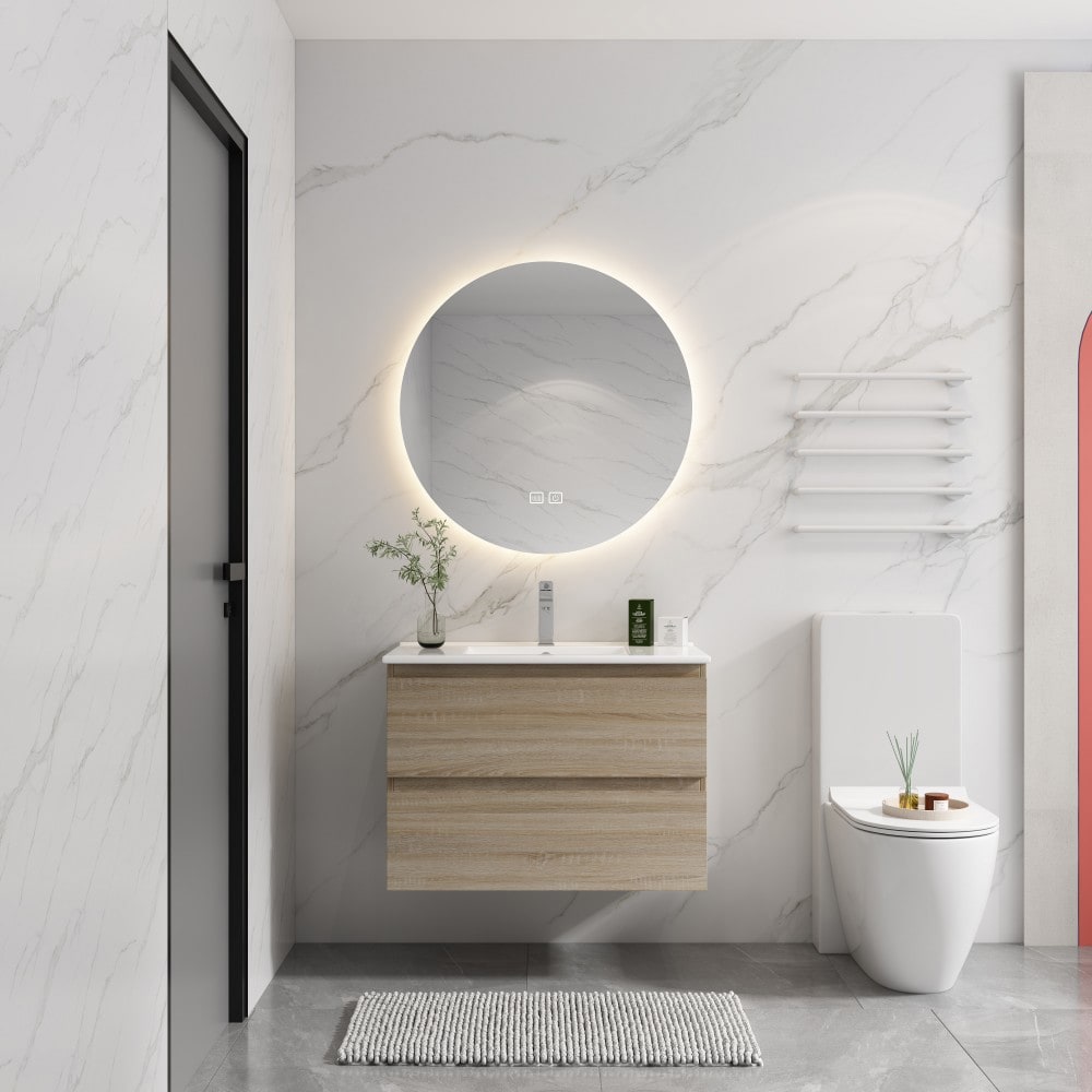 Basdien 30 in Brown Wall Mounted Bathroom Vanity Set Ceramic Sink 2 Soft Close Drawers Durable Plywood Scratch Water Resistant Melamine Easy Assembly Hardware Modern Floating Design Saves Floor Space Compact Ships 2 Boxes Sturdy Moisture Proof