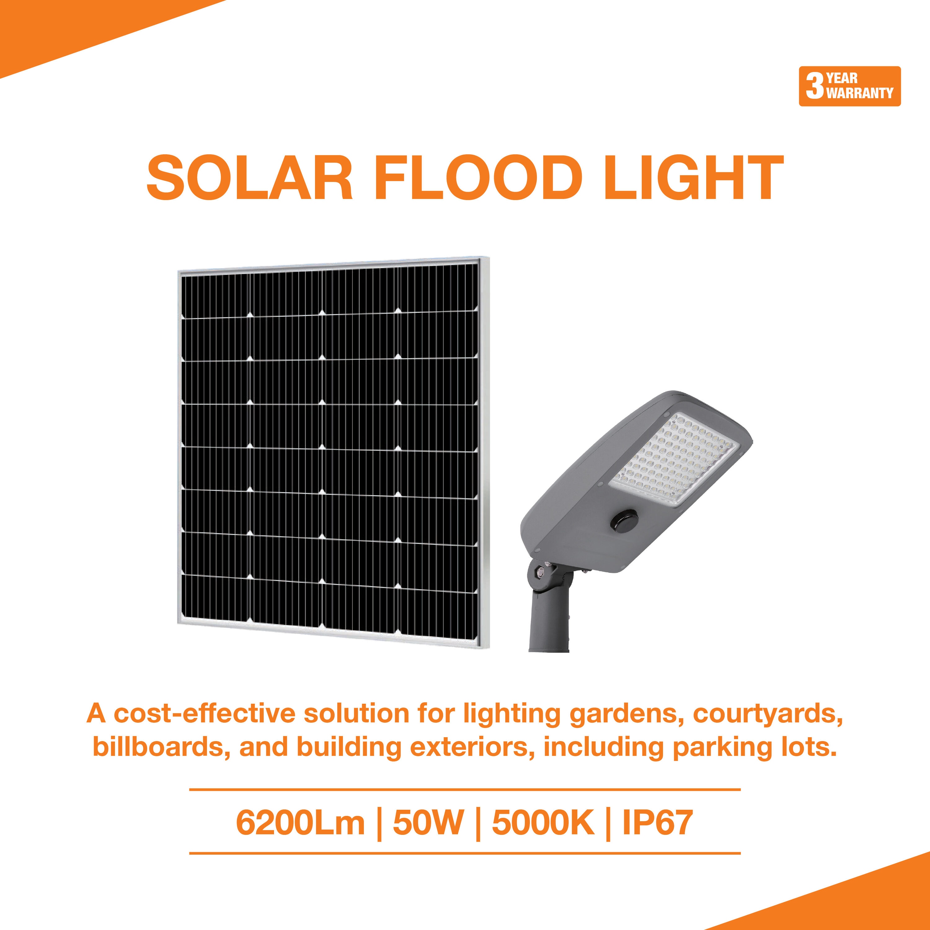 Beyond Solar ALPHA  Solar Billboard Light  50 Watt  6200 Lumens  3000K-6000K  Pole Mount  IP67  3 Years Warranty