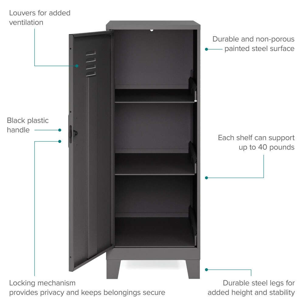Black 42.5" High Metal Storage Locker Cabinet with 3 Shelves
