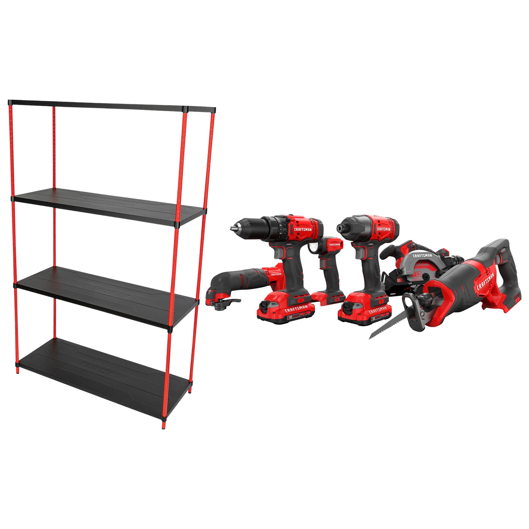 CRAFTSMAN Steel 4-Tier Utility Shelving Unit (45-in W x 18-in D x 72-in H) & V20 6-Tool 20-volt Max Power Tool Combo Kit with Soft Case (2-Batteries
