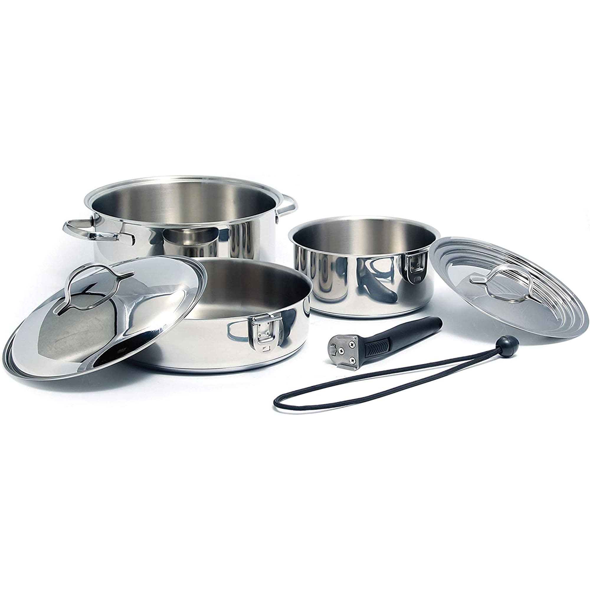 CAMCO 320178 7 Piece Stainless Steel Cookware Nesting Pots and Pans Set with Lids Detachable Handles and Storage Strap for Camping Tailgating and RV