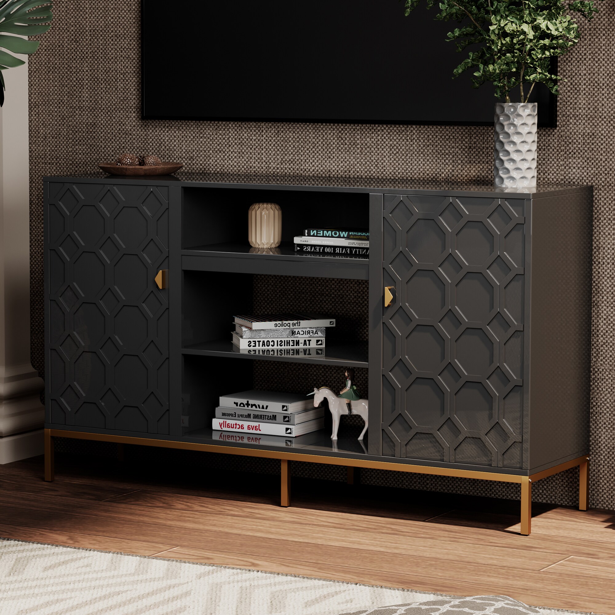 Clihome TV stand with storage Modern/Contemporary Black Tv Cabinet (Accommodates TVs up to 60-in)