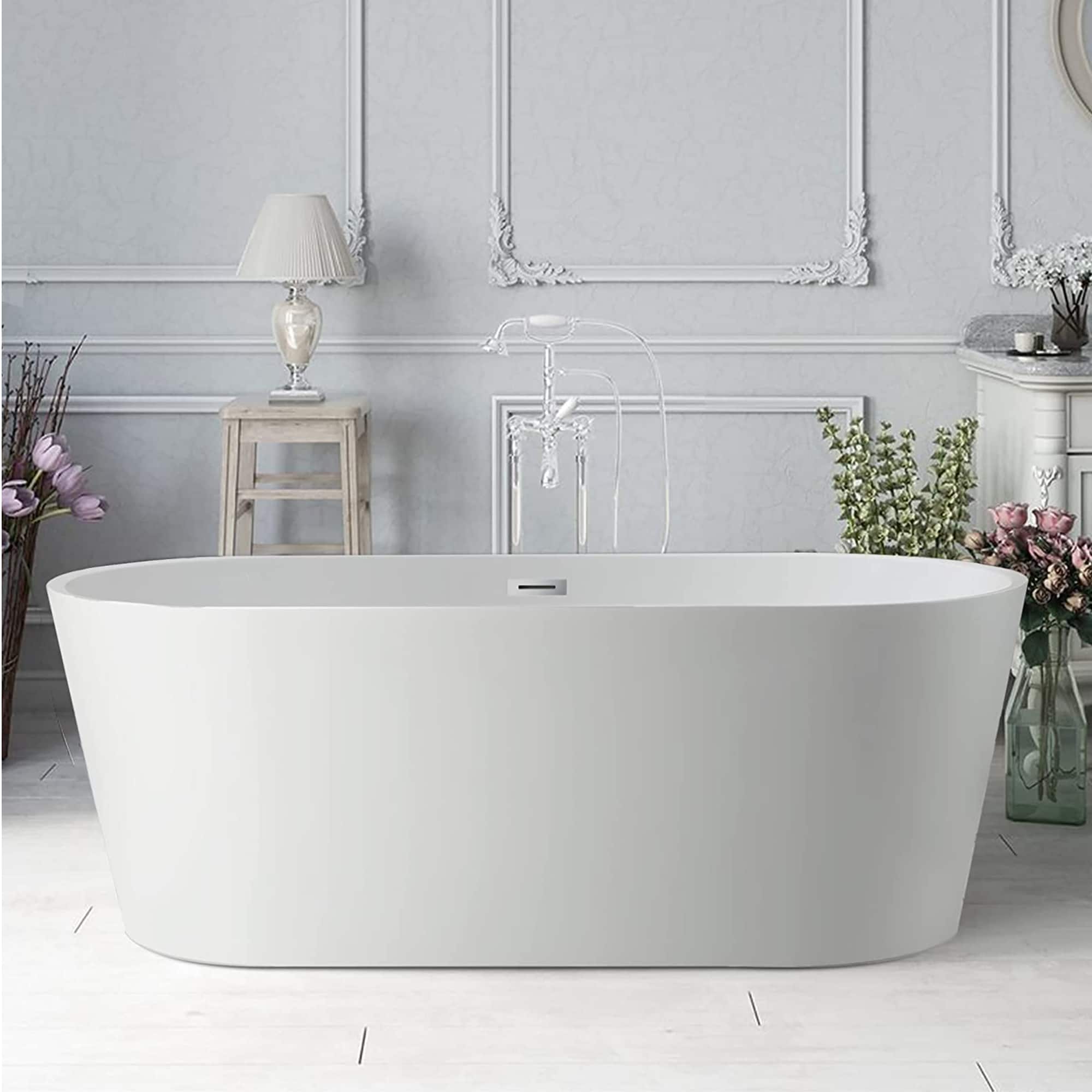 68-Inch White Acrylic Freestanding Soaking Bathtub with Chrome Finish