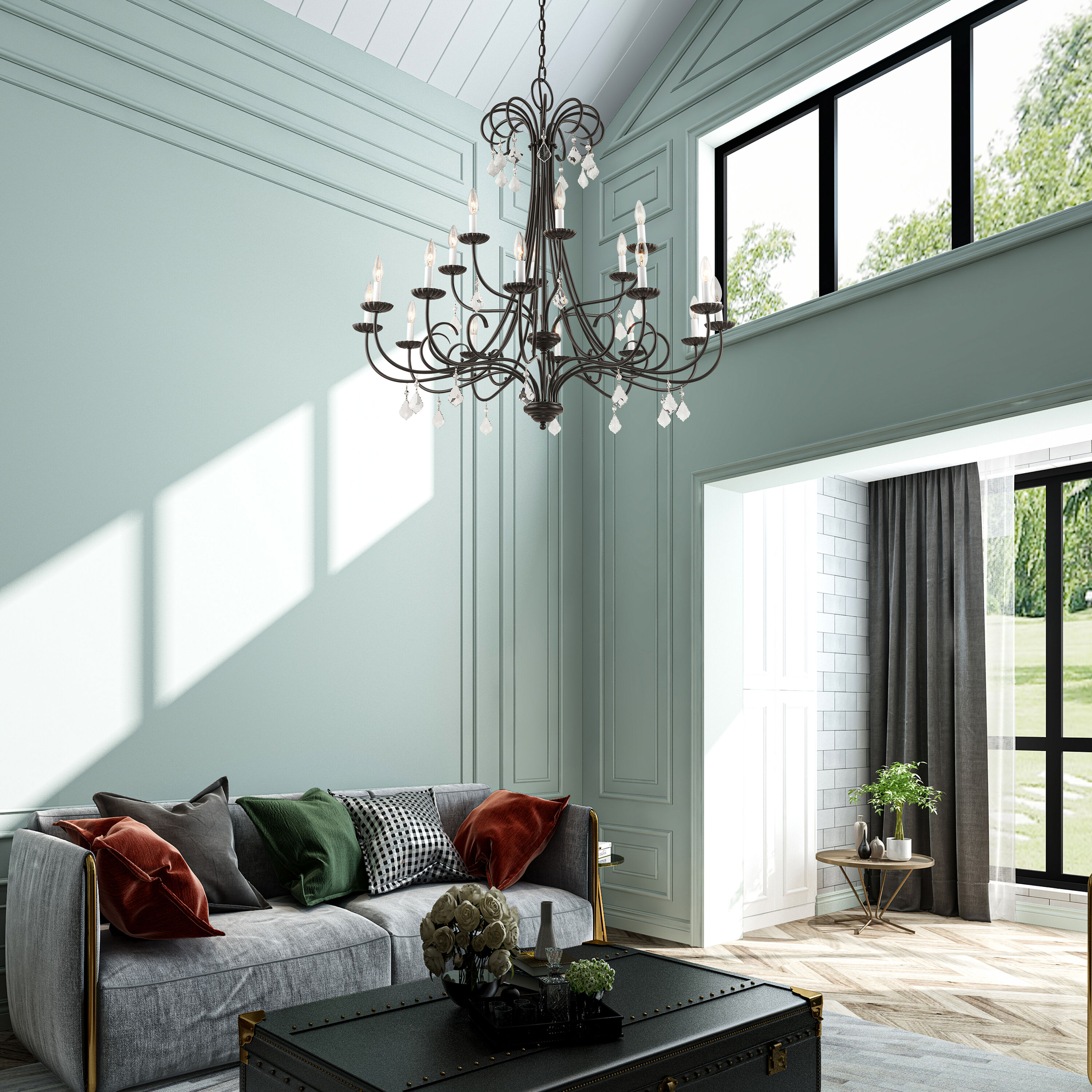 Daphne English Bronze 18-Light Chandelier with Teardrop Crystals