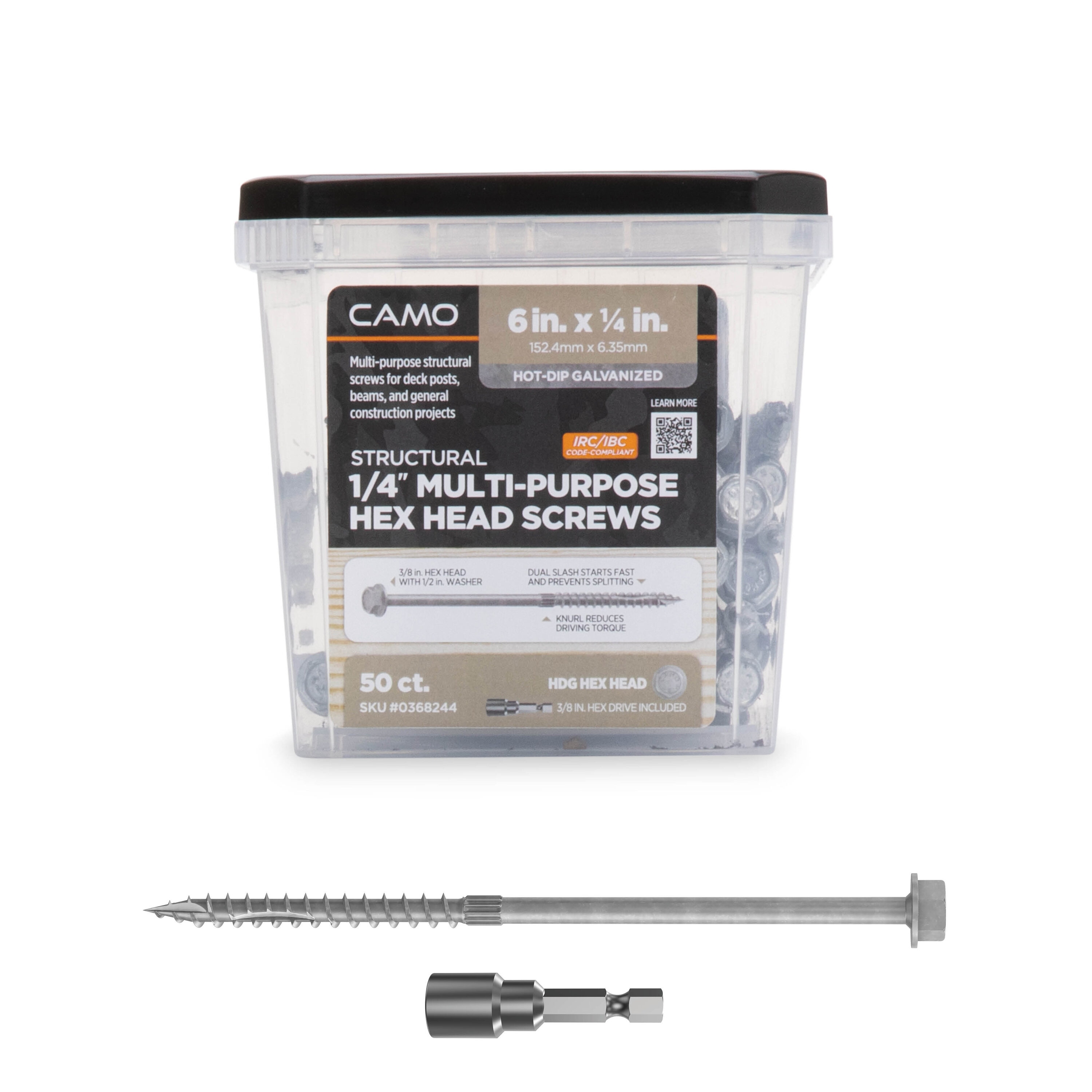 CAMO 0368244 1/4-in x 6-in Hot-dipped galvanized Hot-Dipped Galvanized Hex -Head Exterior Structural wood screws 50 -Pack