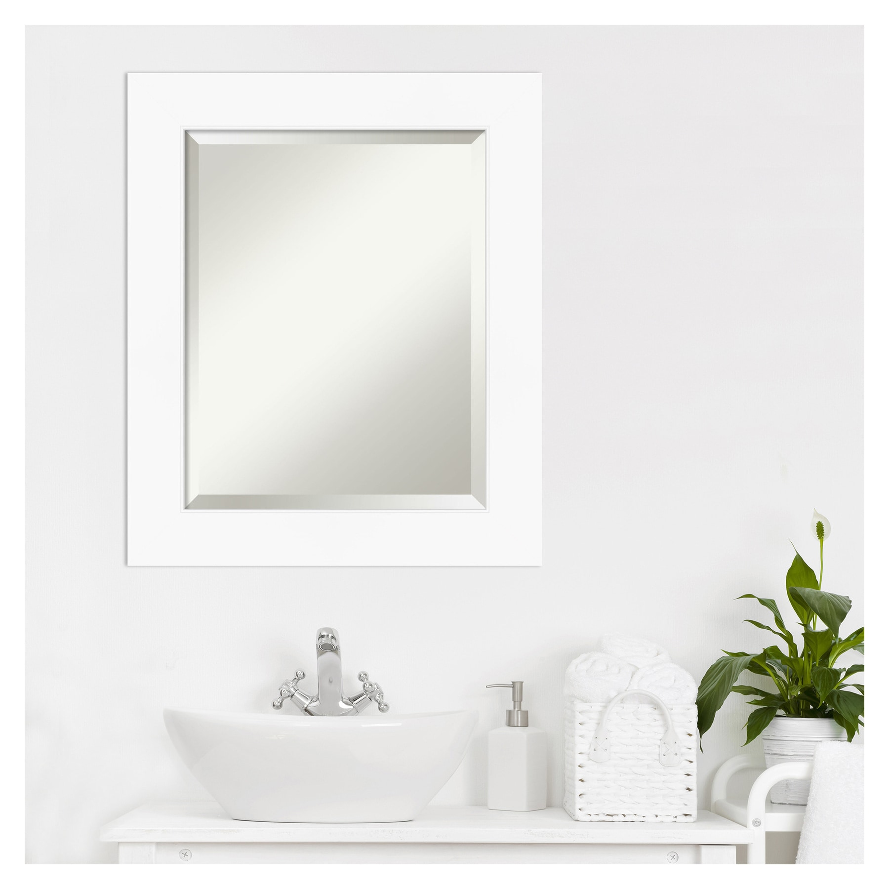 Contemporary Cabinet White Matte Finish Beveled Bathroom Mirror 21x25