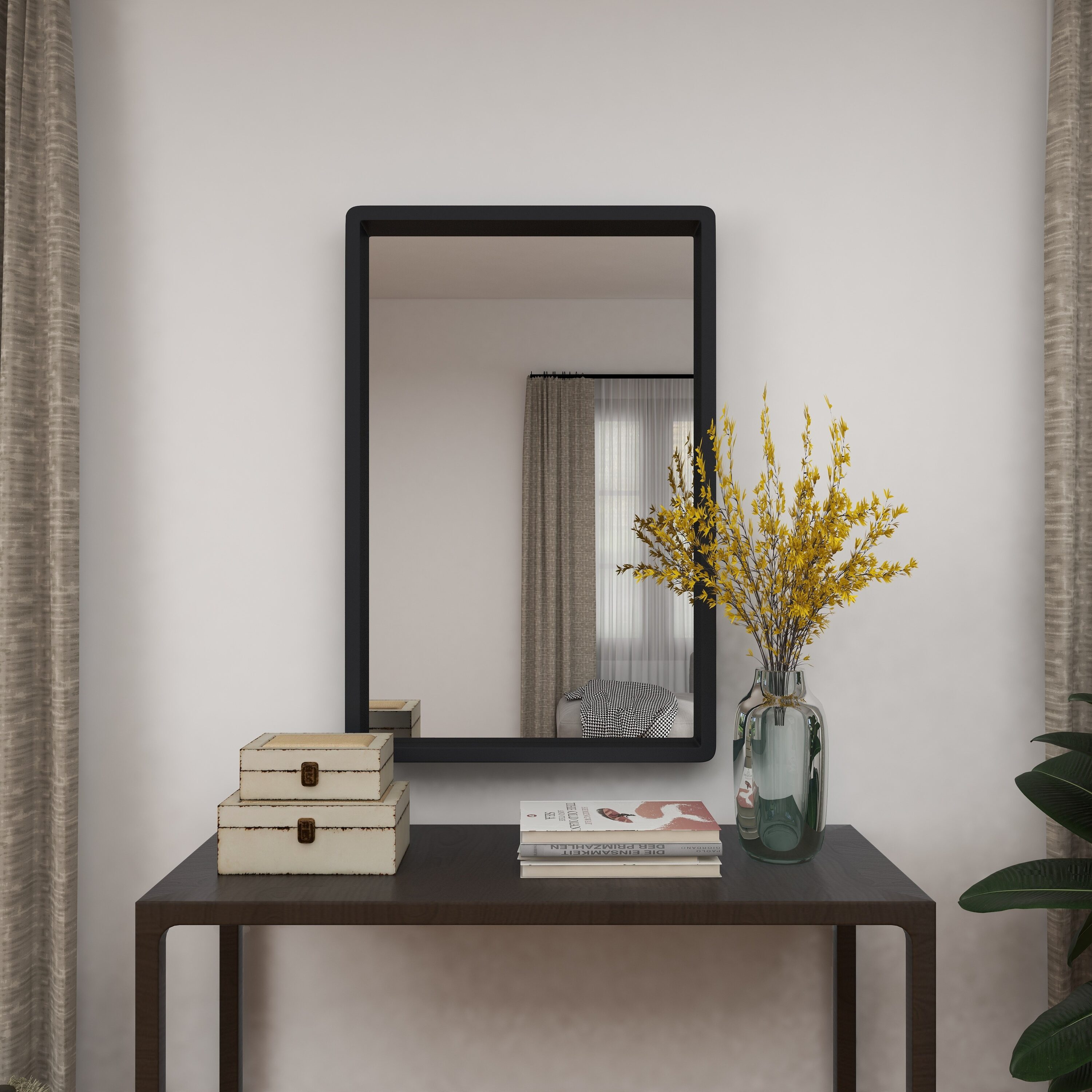 Elegant Matte Black Solid Wood Rectangular Wall Mirror 24" x 36"