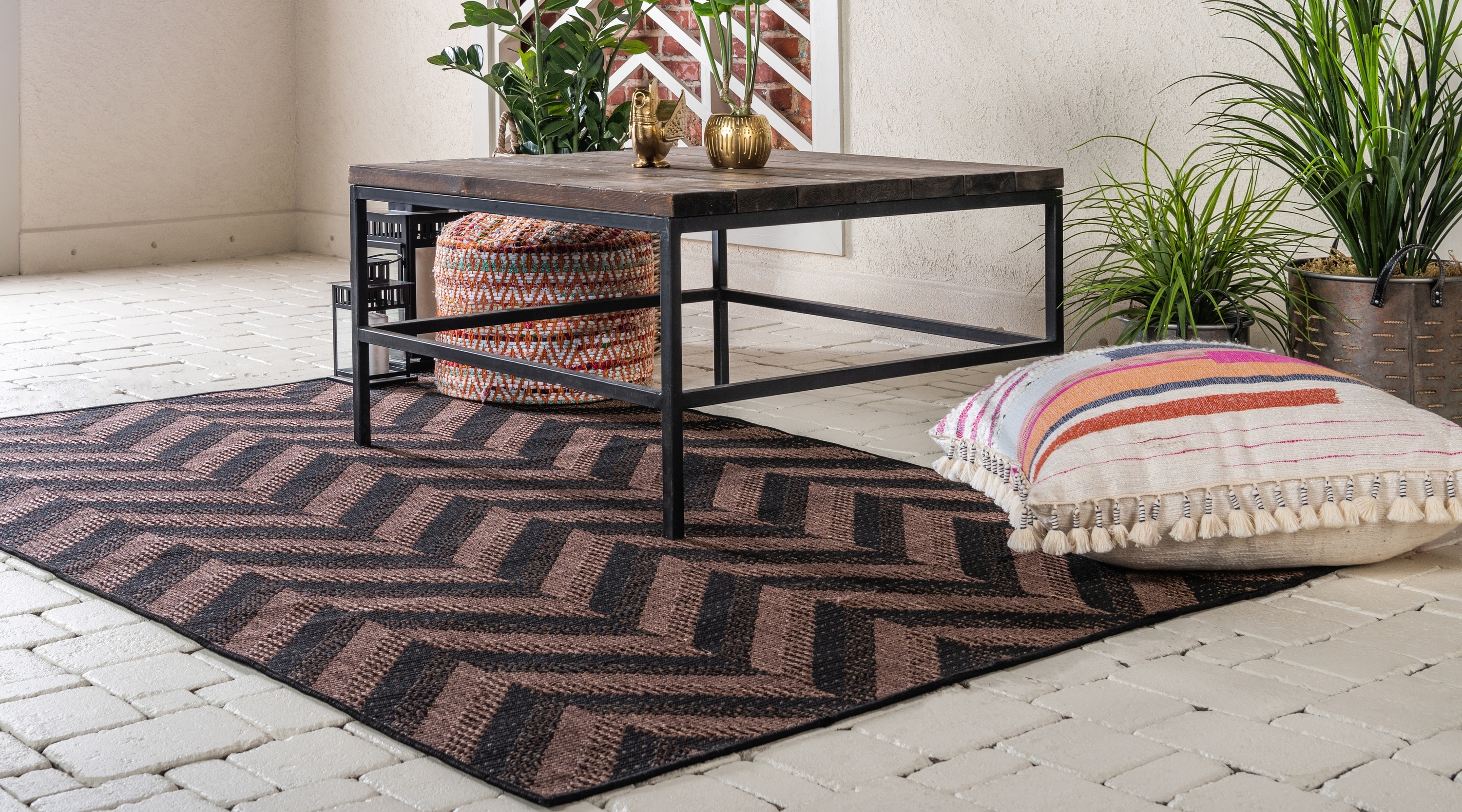 Chevron Pattern Black and Brown Synthetic Outdoor Area Rug