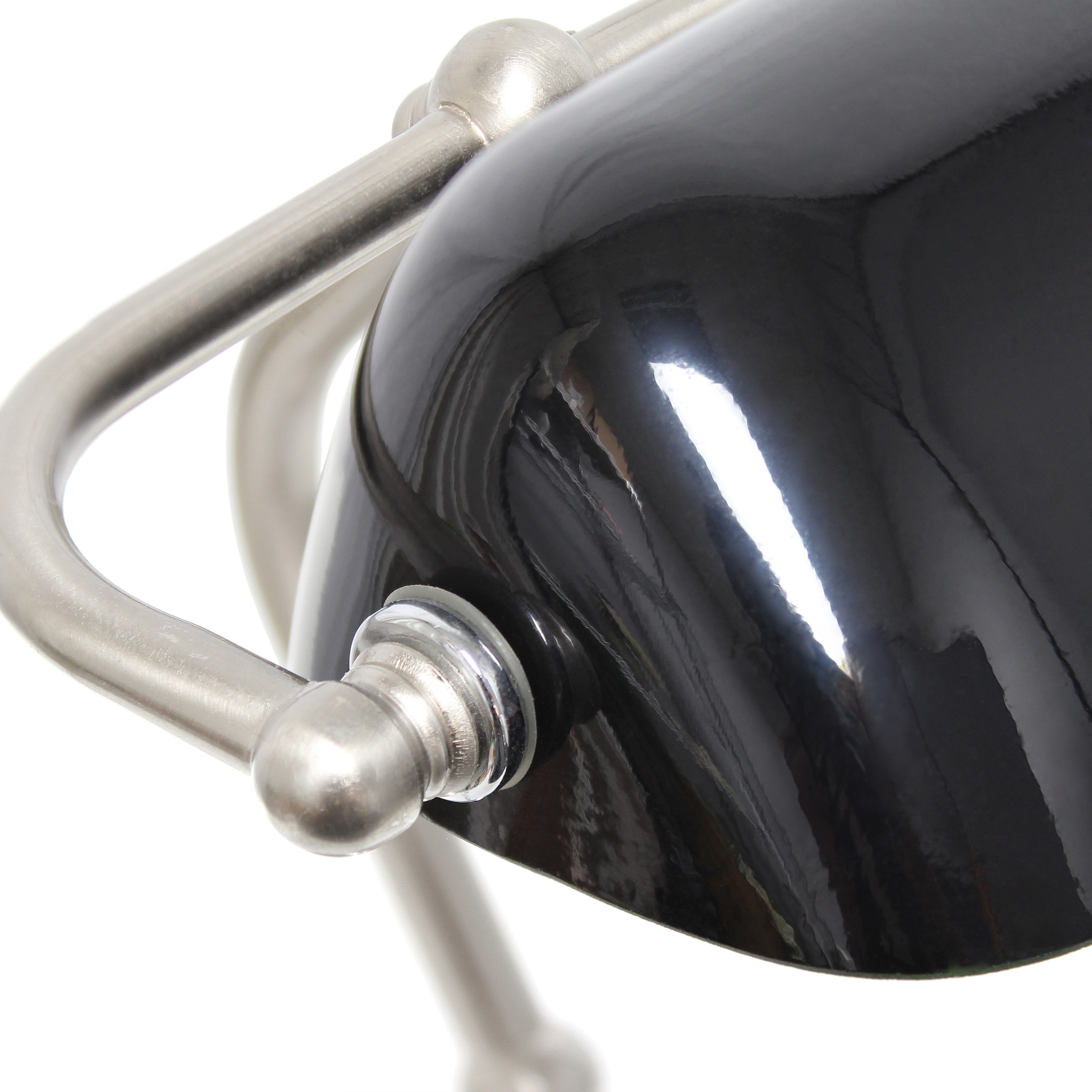 Petite Brushed Nickel Bankers Table Lamp with Black Glass Shade