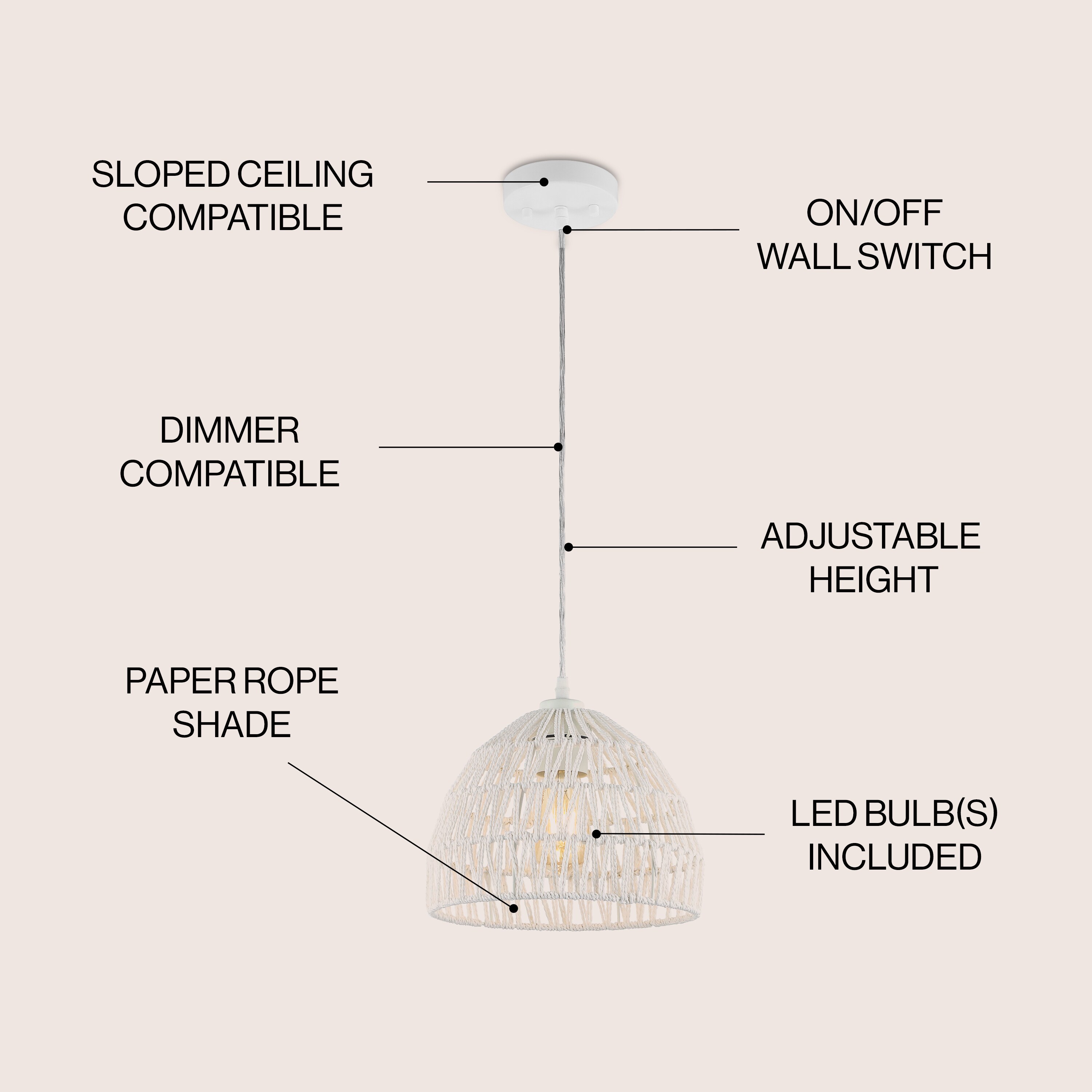 Campana 10.25" White Woven Rope and Iron LED Pendant Light