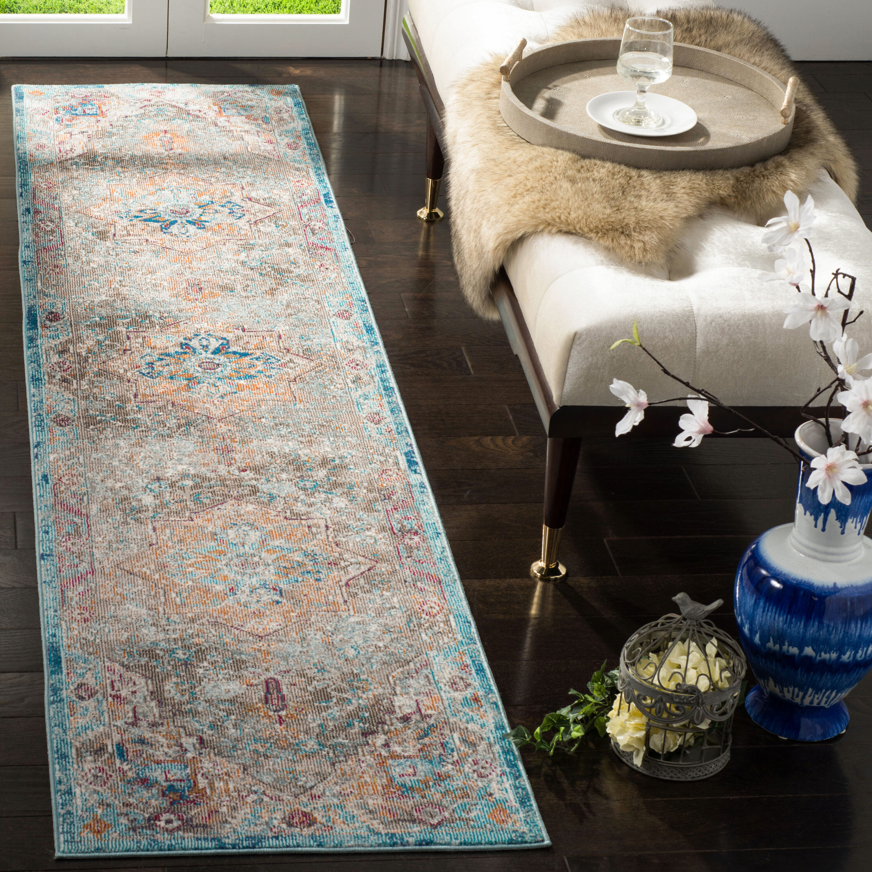 Ara119E Aria Beige/Blue 2ft x 12ft Runner Rug