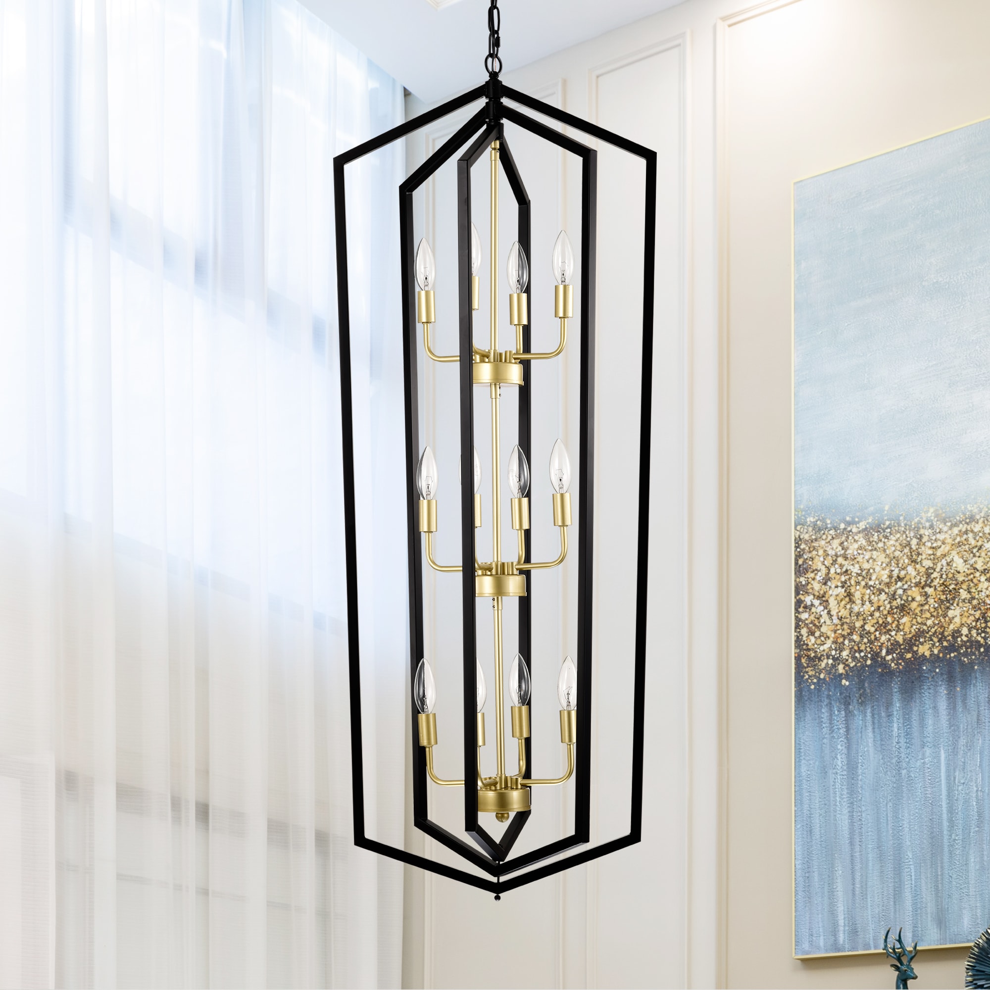 Oaks Decor BDHEMP209900 Quartz 12 -Light Brushed Gold Modern/contemporary Cage For Use in Bedrooms, Dining Rooms, Foyers, Kitchens, Living Rooms Chandelier
