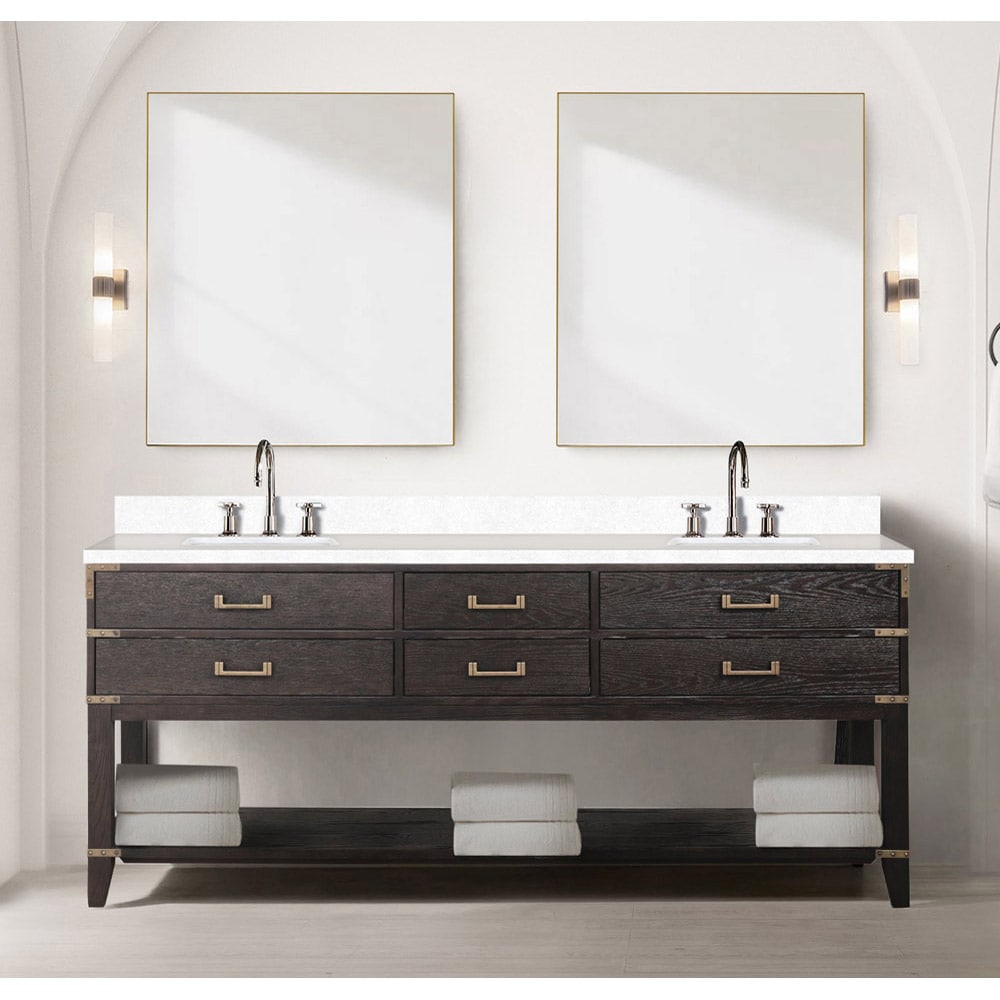 Lexora LVGR80DK301 Greenberg 80-in Brown Oak Undermount Double Sink Bathroom Vanity with White Cultured Marble Top (Faucet Included)