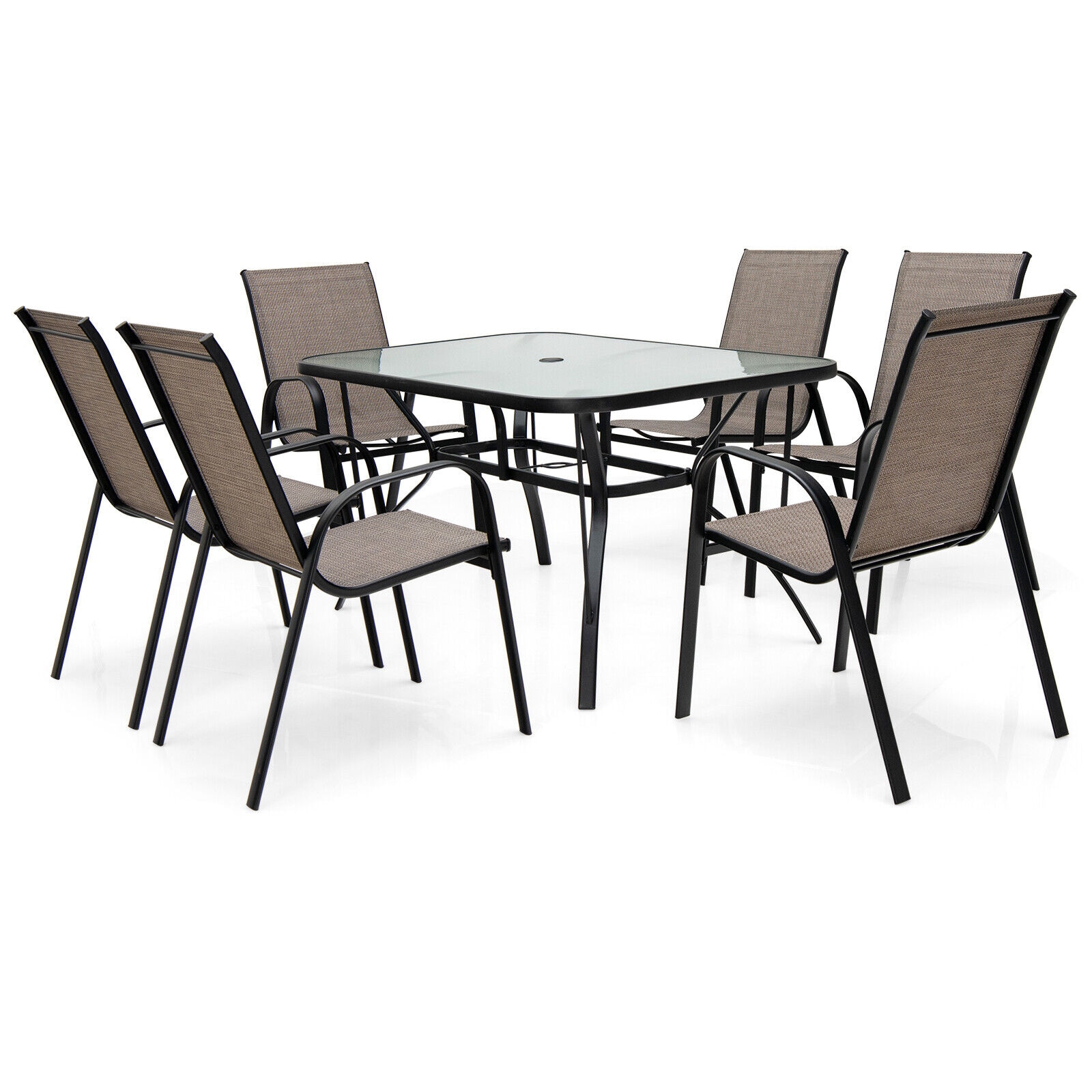 LIVIZA TDZ10407-X 7 -Piece Black Patio Dining Set Steel Rectangle Table with 6 Stackable Stationary Chairs