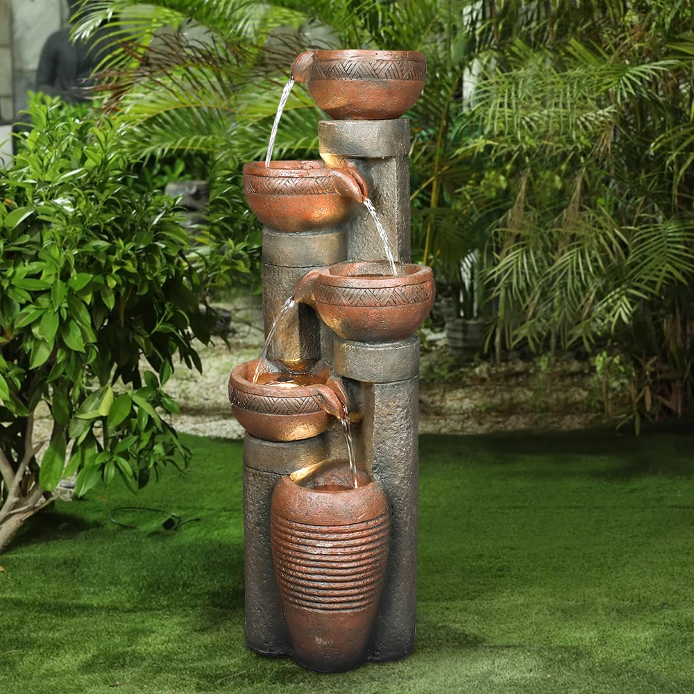 Watnature Rustic Pot Garden Waterfall Fountain with Light 39.7-in H ...