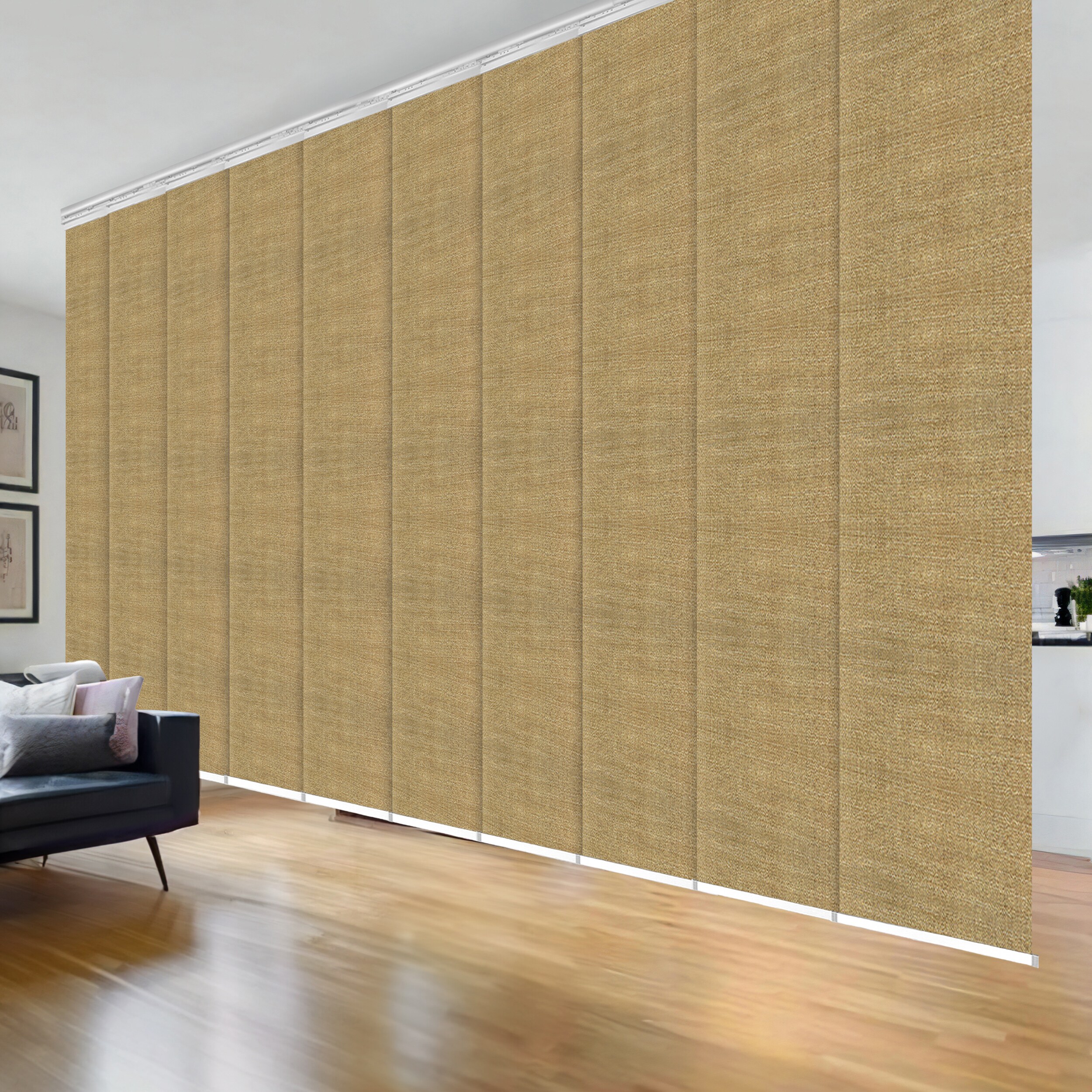 Hart & Harlow L-T24W-10-10P35A 10-Panel Double Rail White Aluminum 23.5-in Slat Width 218-in x 94-in Cordless Sepia Fabric Light Filtering Panel Track Blinds