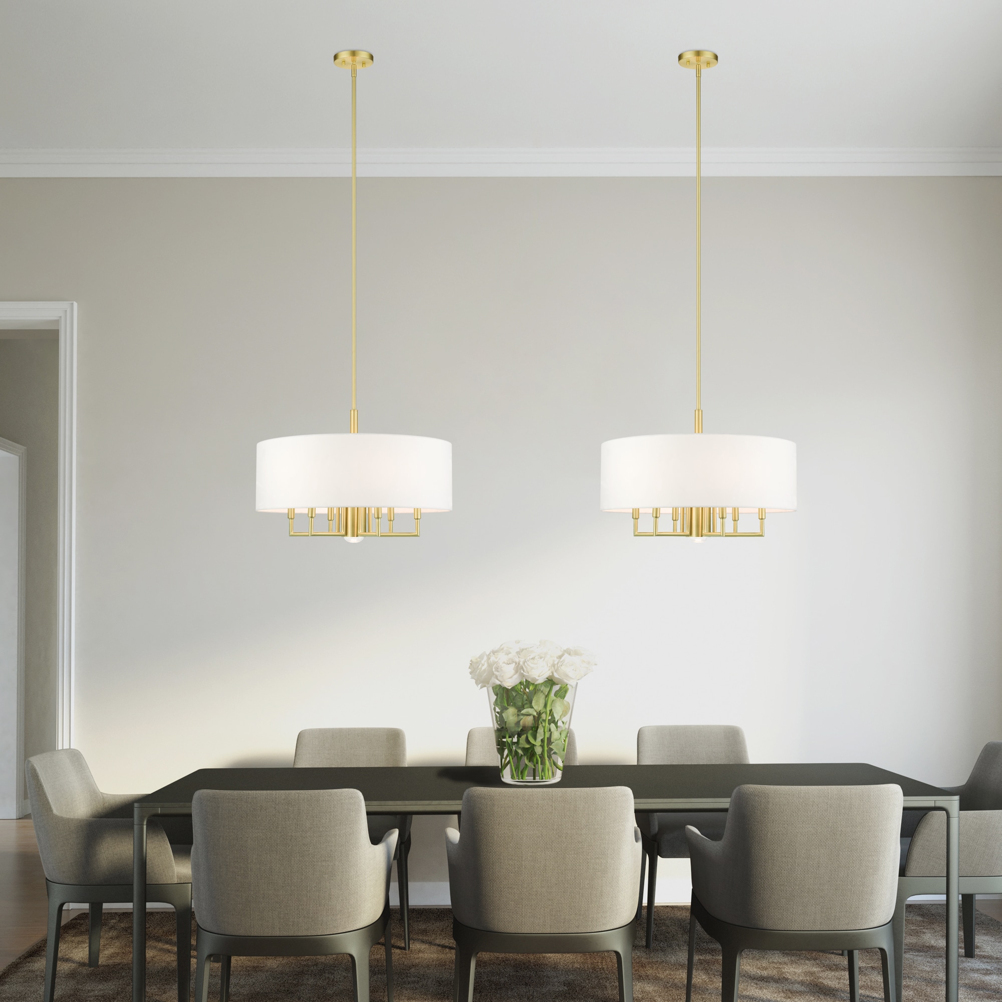 Meridian Satin Brass 7-Light Modern Drum Chandelier with Off-White Shade