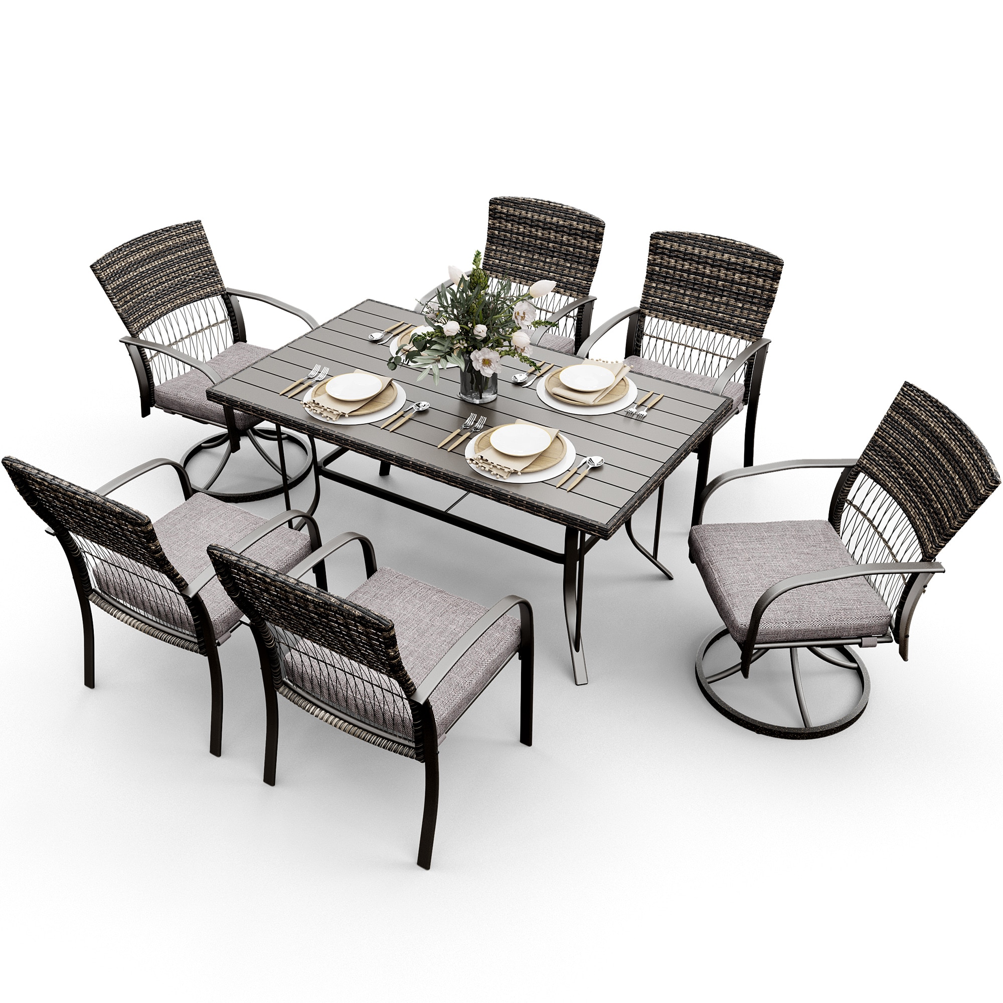 PamaPic TB-CZ-PTZY-7JT-G-WL1 7 -Piece Black Rattan Patio Dining Set Iron Rectangle Table with 6 Gray Cushions Swivel Chairs