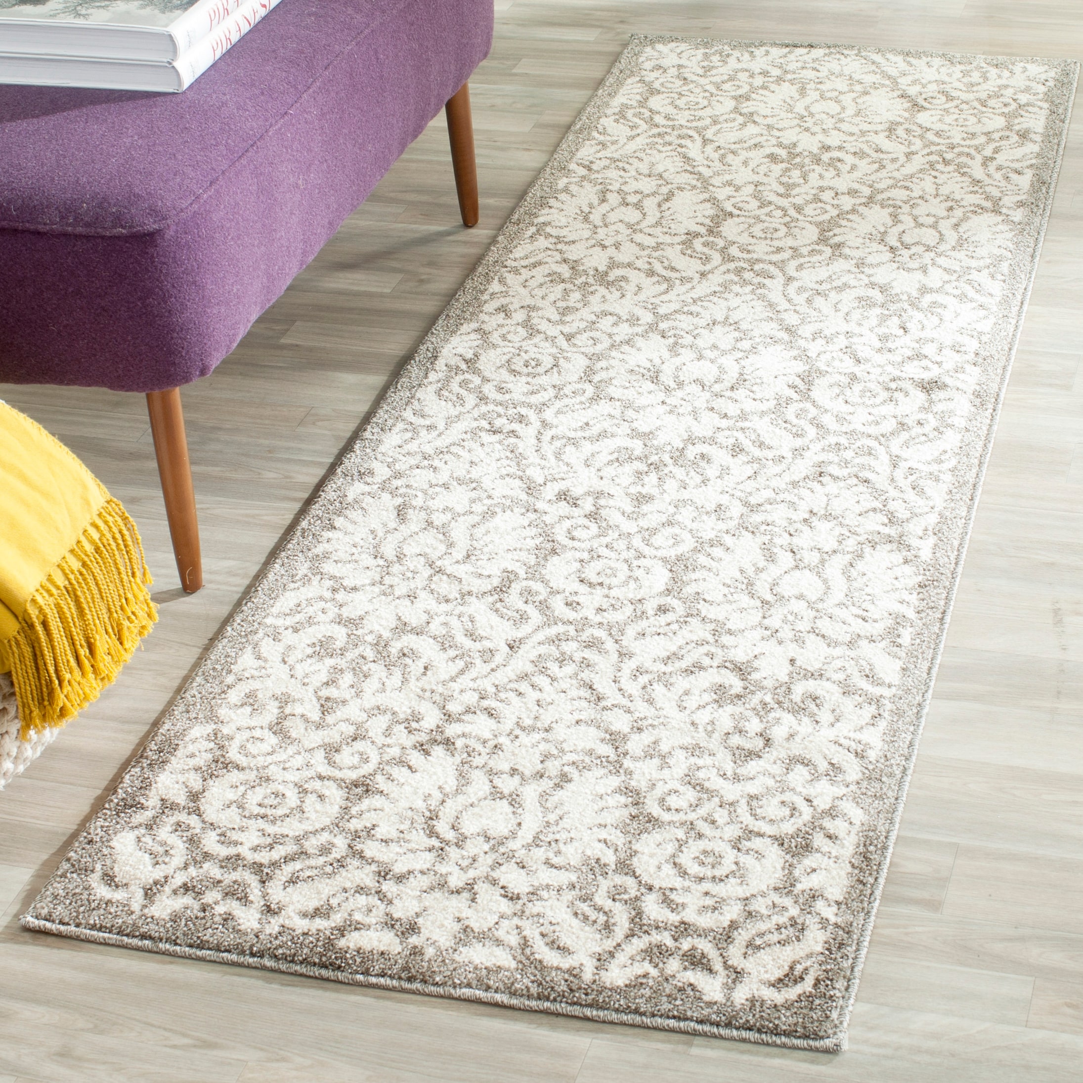 Safavieh AMT427R-215 Amherst Mirabel 2 x 15 (ft) Loomed Synthetic Dark Gray/Beige Rectangular Indoor/Outdoor Floral/Botanical Farmhouse/Cottage Runner rug