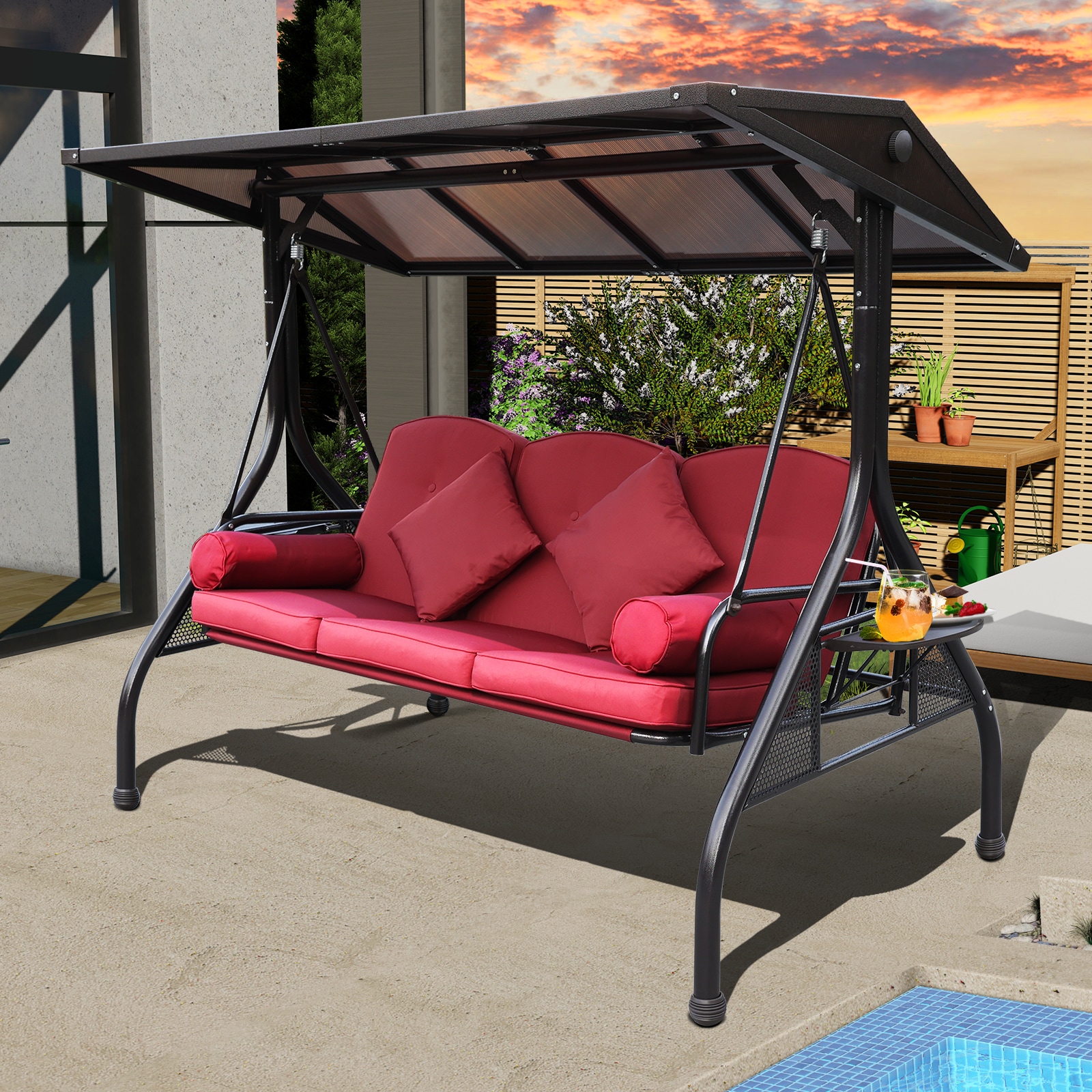 NOBLEMOOD LS-2019RD Porch Swings Gliders 3 -person Brown Aluminum Outdoor Swing bed