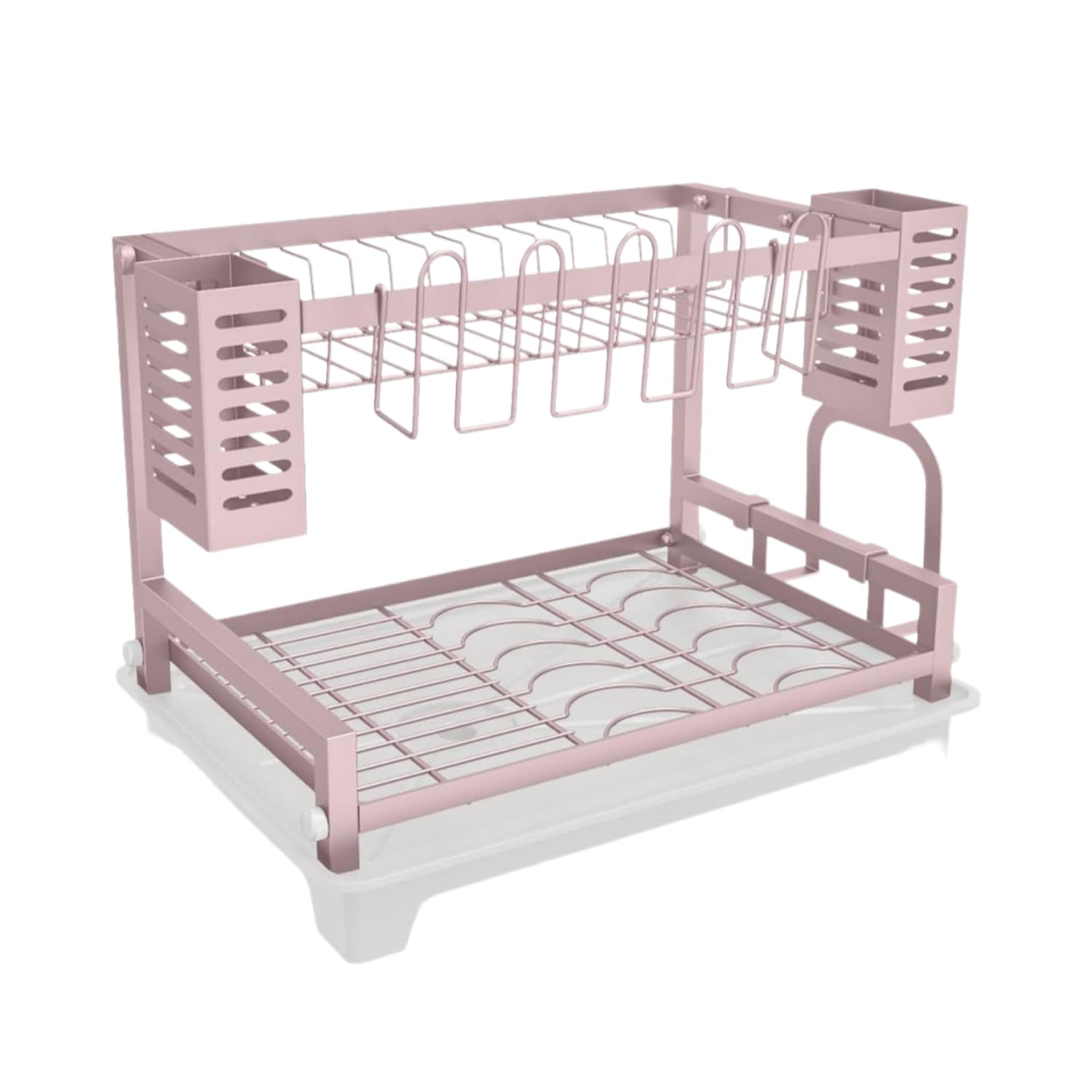 OGETFUUR Pink 2-Tier Large Capacity Dish Drying Rack 16.5x12.6x12.6in with Auto Drainboard 3-way Rotatable Spout Rustproof Dish Rack for Kitchen Counter with Utensil Holders