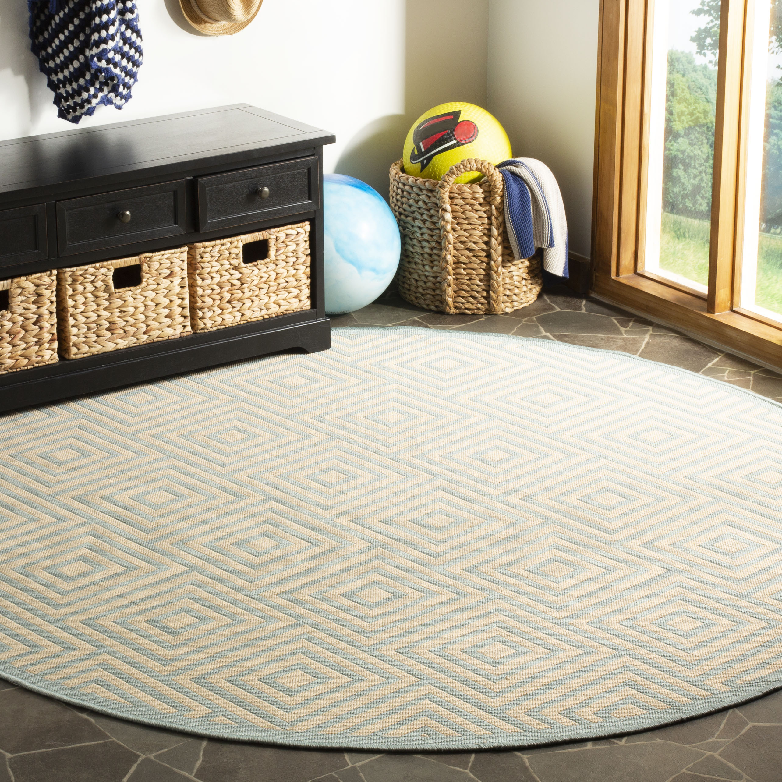 Safavieh LND173L-6R Linden Anastassia 7 x 7 (ft) Loomed Polypropylene Cream/Aqua Round Indoor Abstract Bohemian/Eclectic Area rug