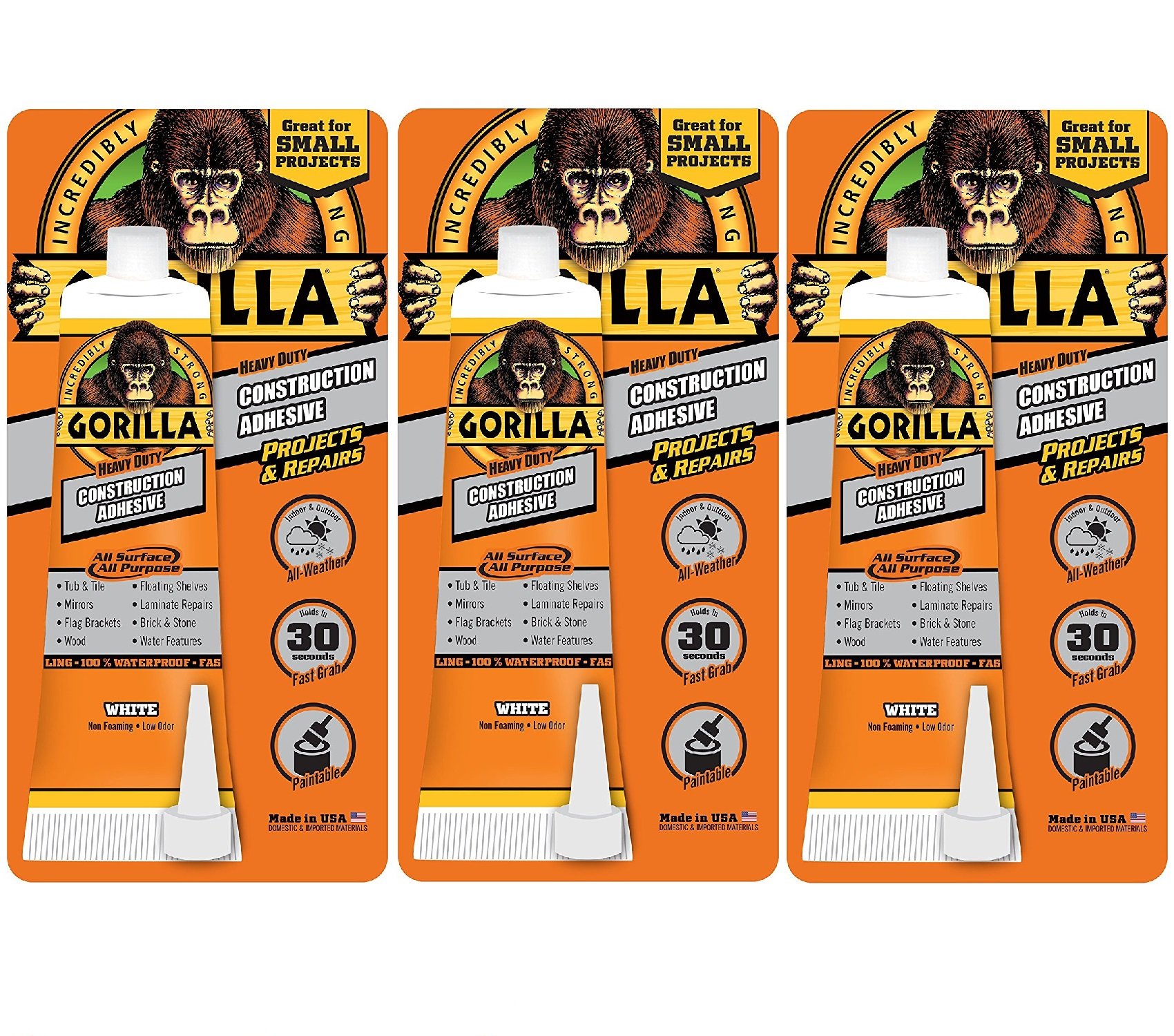 Gorilla 8020002-3 Heavy Duty Construction Adhesive 2.5 oz - Versatile Bonding Solution (3 Pack)