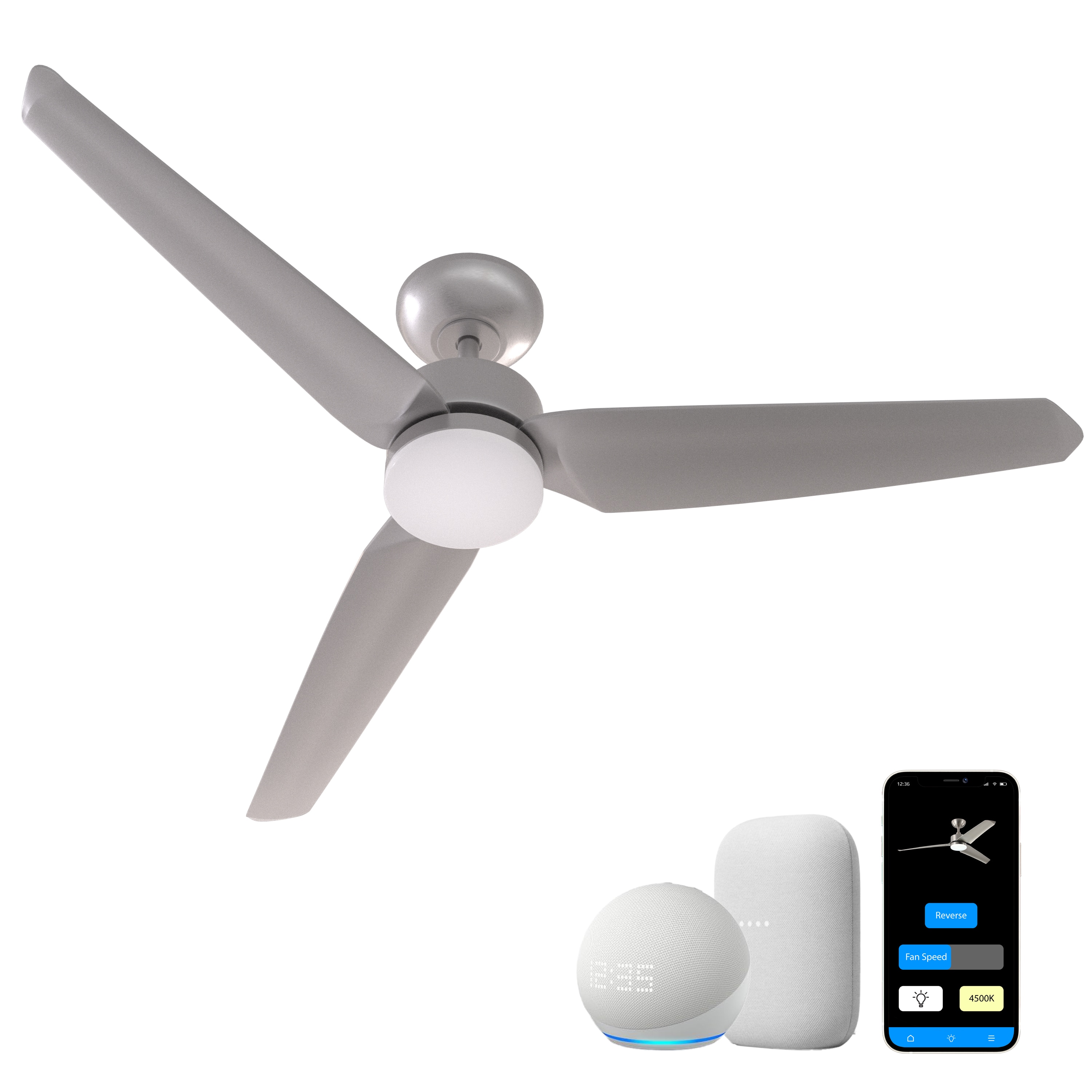 Promounts OHCF03-MT 52-in Color-Changing Outdoor Smart SIlver with Satin Nickel Blades Propeller Ceiling Fan With Light - Remote Included ( 3 -Blade )