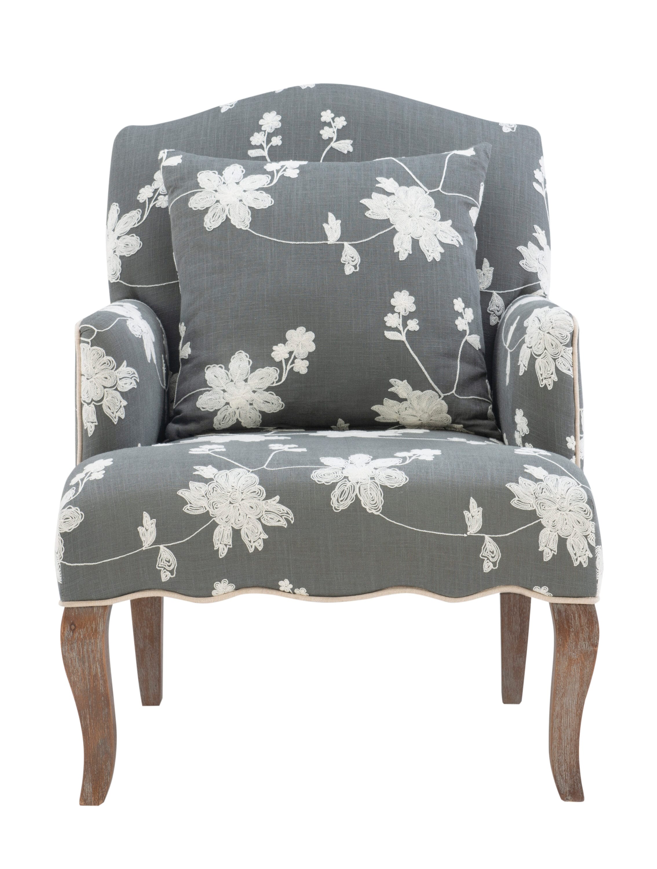 Gray Floral Embroidered Upholstered Arm Chair with Pillow