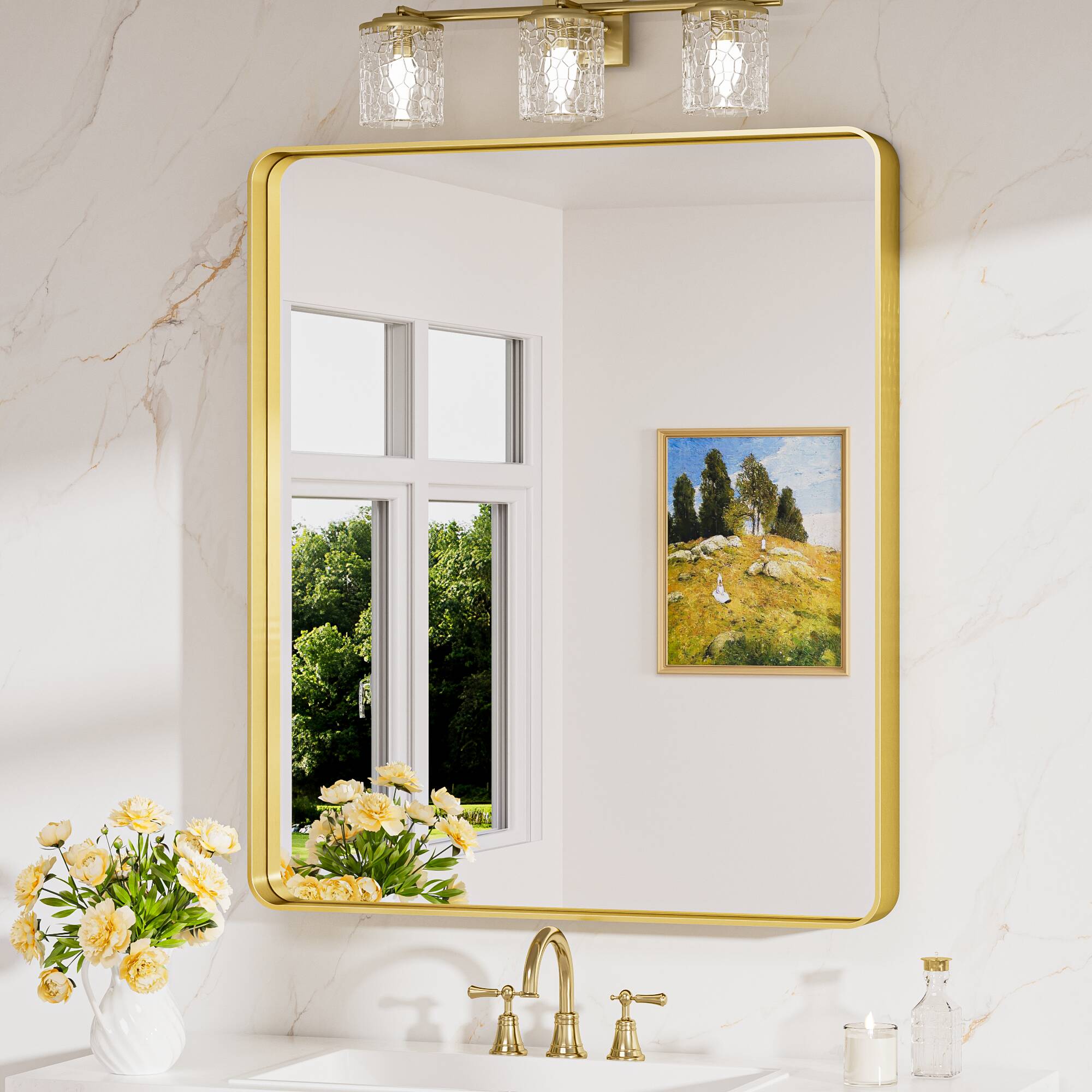 Keonjinn LW-JSKYJ2-7691GD Bathroom Mirrors 30-Inches W x 36-Inches H Rectangle Brushed Gold Framed Wall Mirror