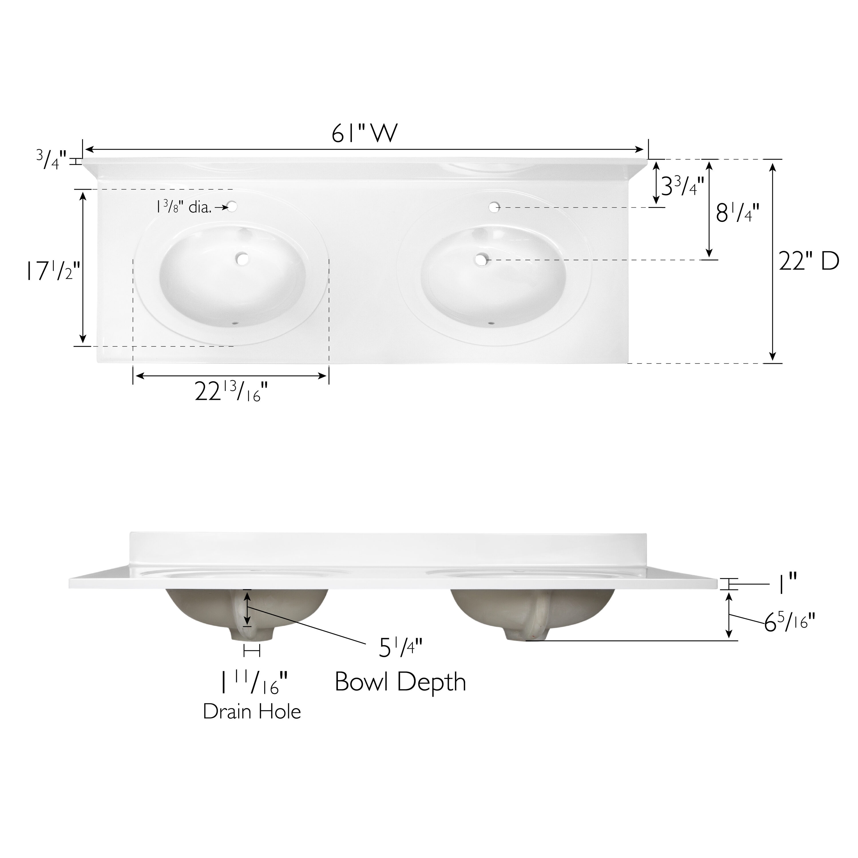 Solid White Cultured Marble Double Sink Vanity Top with Integrated Backsplash, 61-Inch