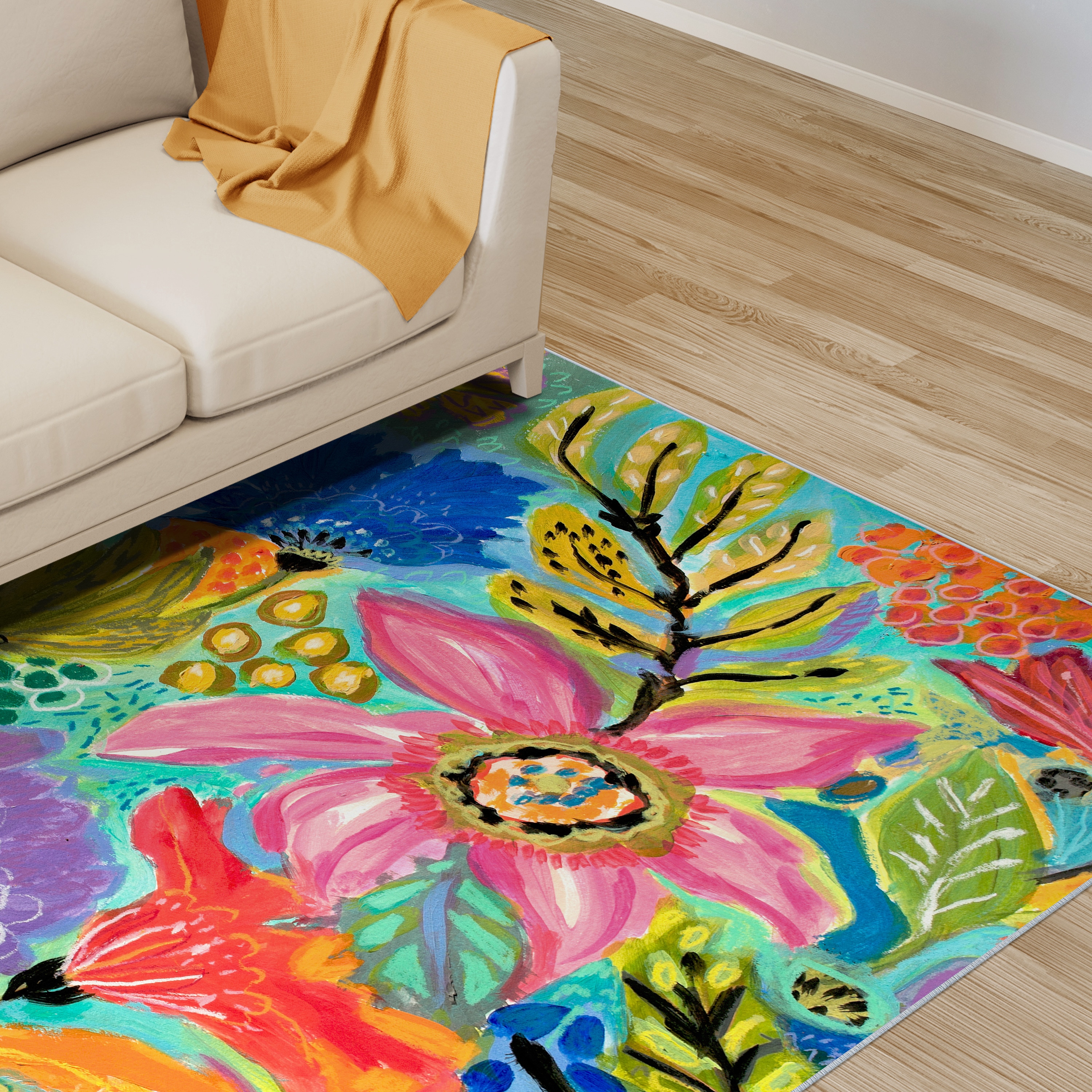 Secret Garden Blue Floral Washable Synthetic Area Rug 5' x 7'