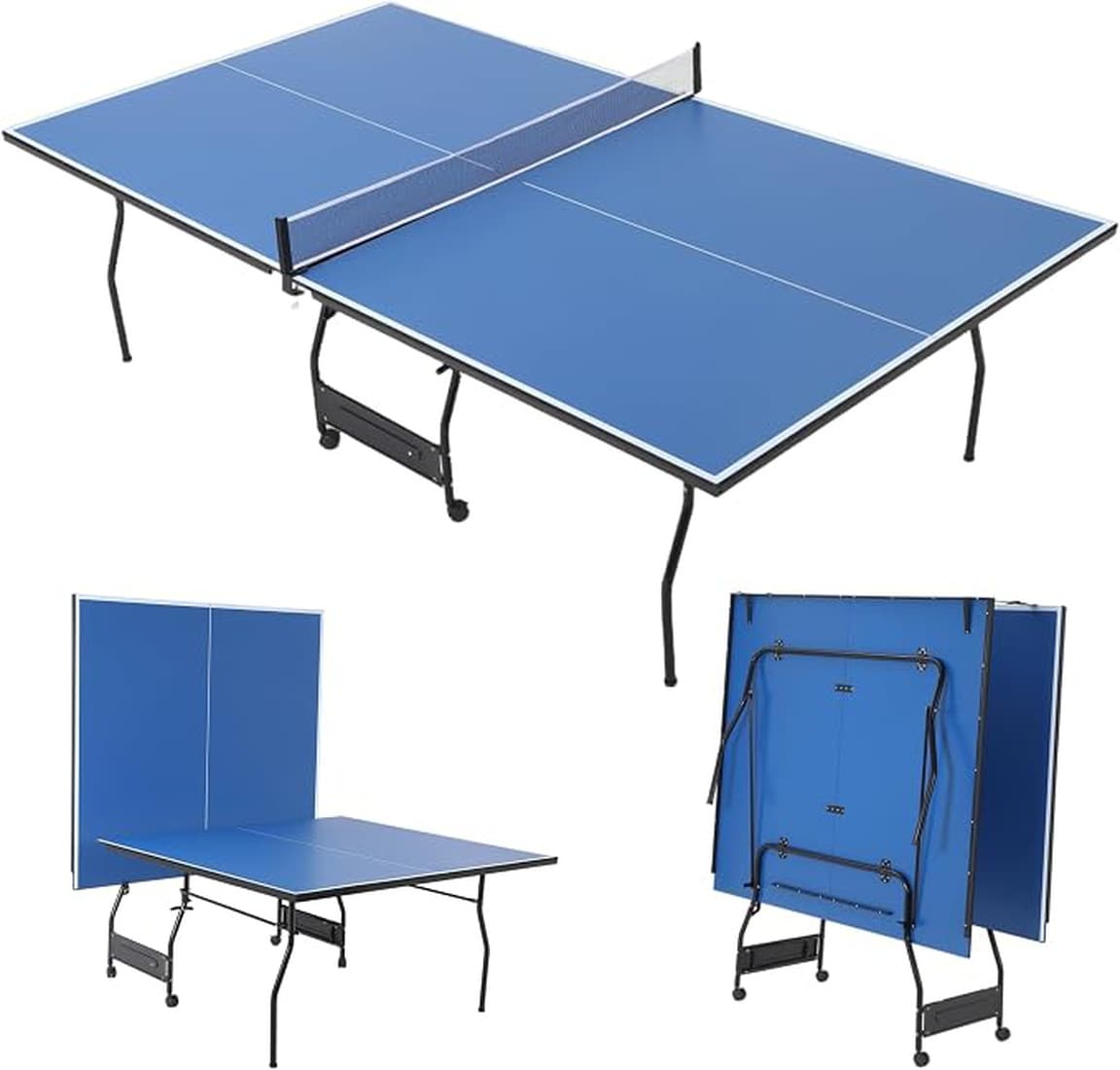 Garvee 9FT Foldable Ping Pong Table with Wheels MDF Indoor Tennis Table Blue Heavy Duty Frame Single Player