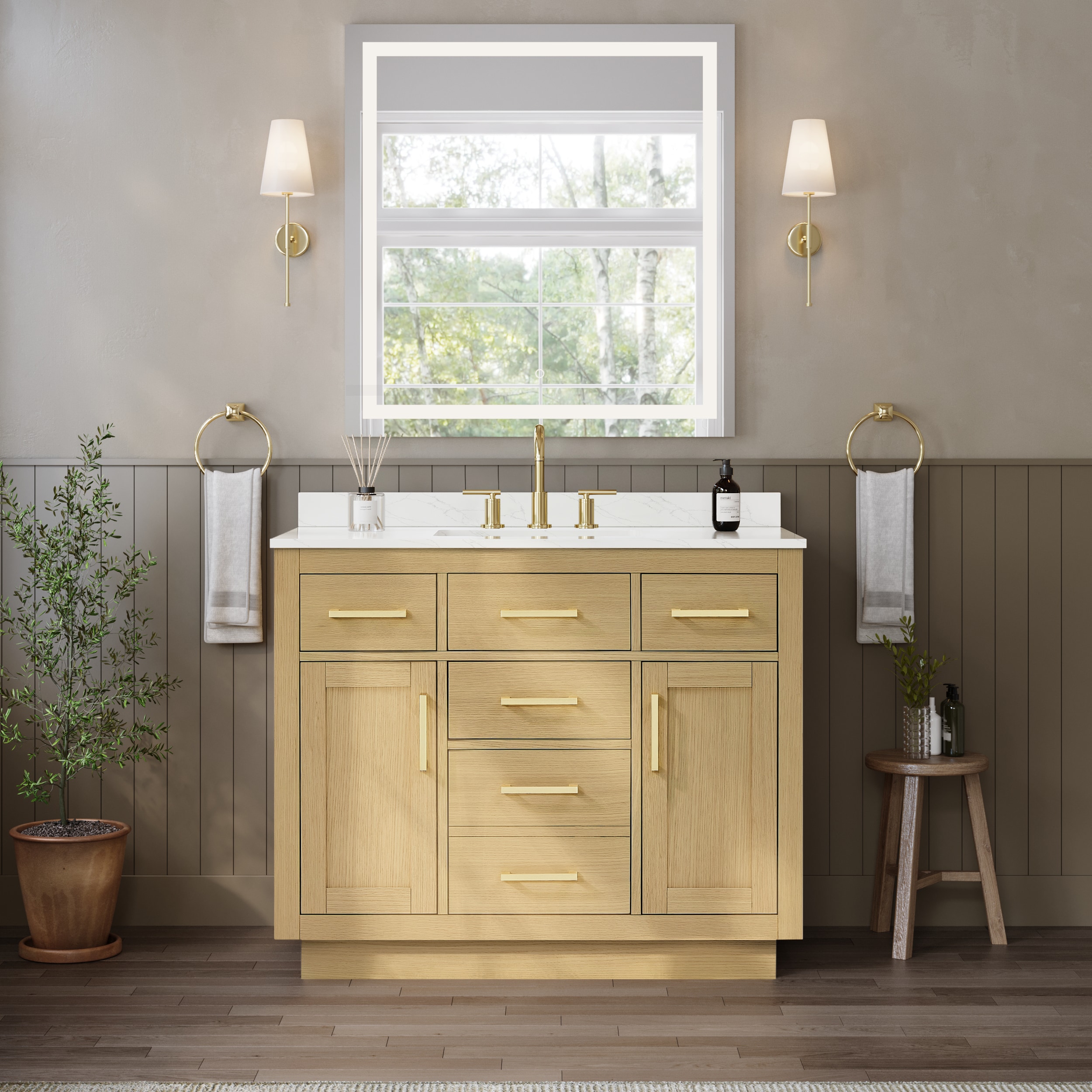 Wyndham Collection Beckett 42 Inch Single Bathroom Vanity with Toe Kick in Rift Oak, Giotto Quartz Countertop, Undermount Square Sink (3-Hole), Brushed Gold Trim