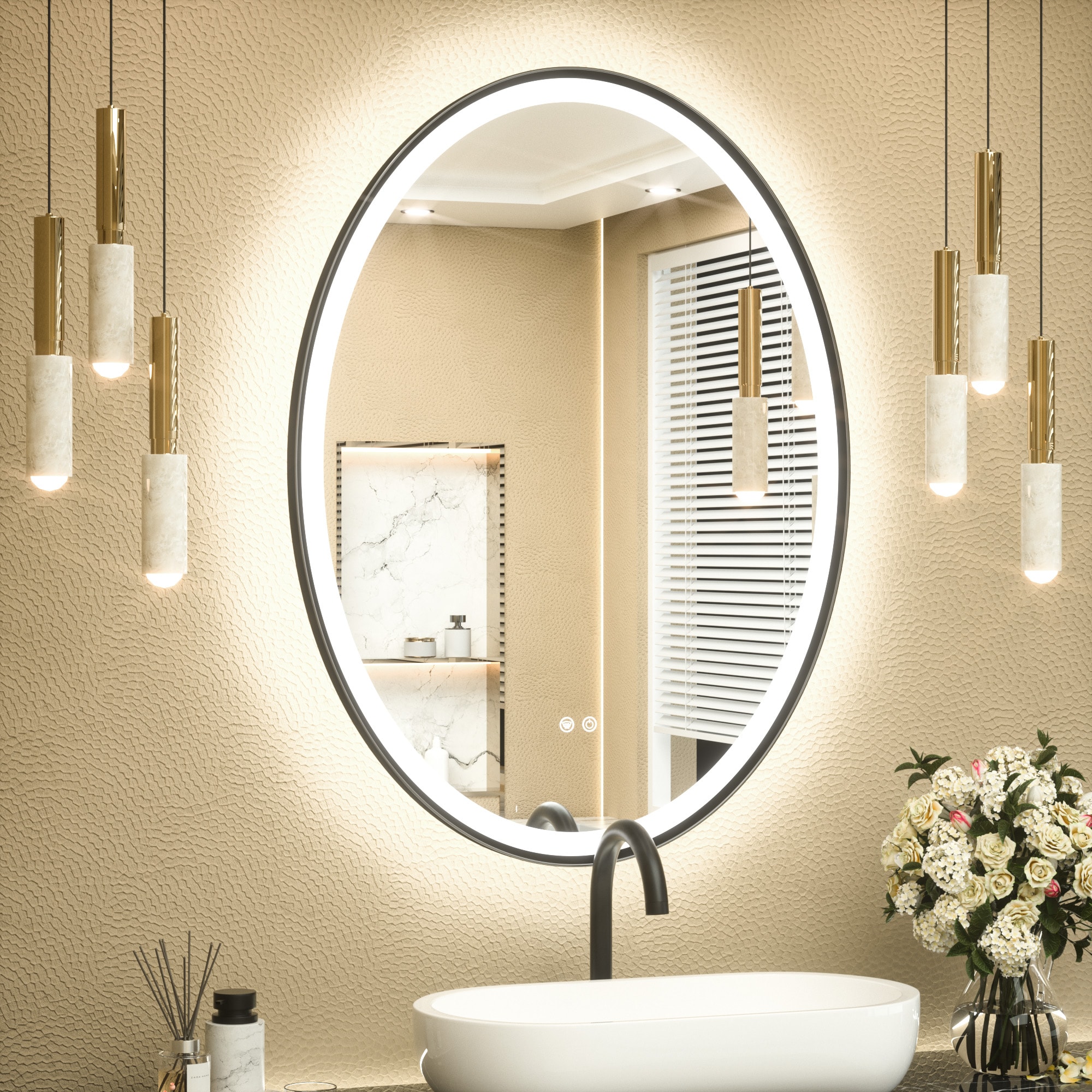 Keonjinn LW-JZ-JSKTD-6081-BK 24-in x 32-in Framed Oval Dimmable LED Lighted Fog Free Bathroom Vanity Mirror ( Black )
