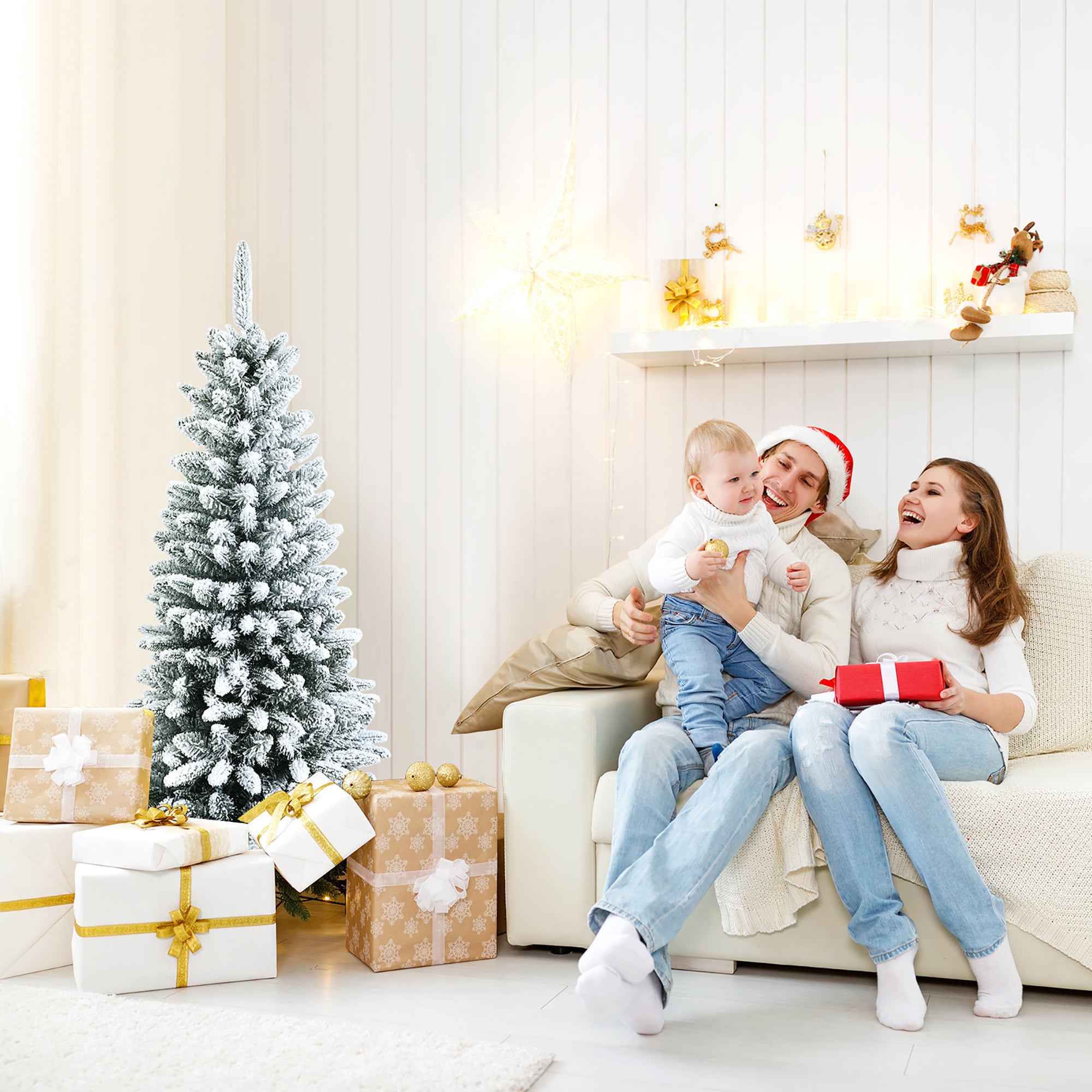 Snow-Flocked 4.5 Ft White PVC and PE Christmas Pencil Tree