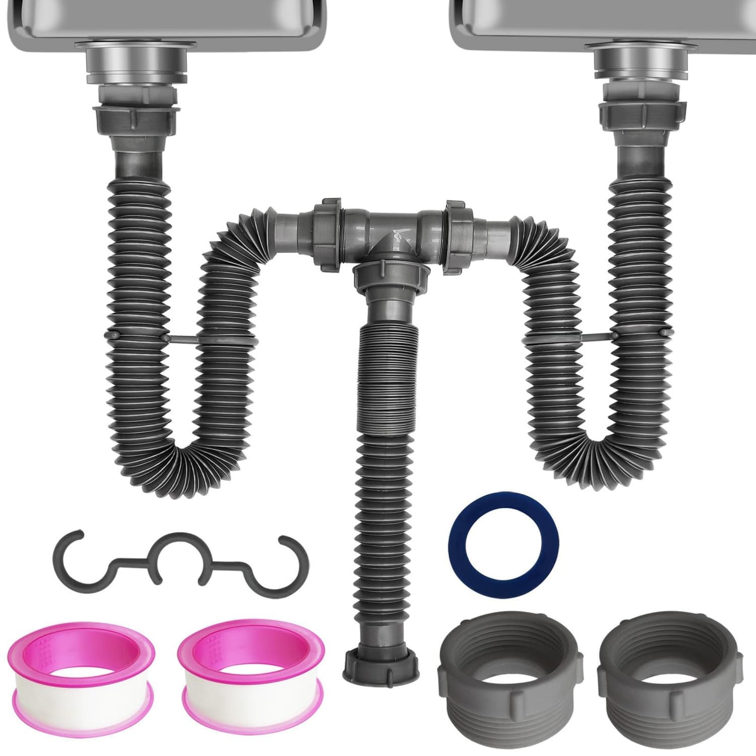 Angel Sar - Flexible Gray Double Sink Drain P-Trap Kit with Sealing Ring Tape and Tubing for Kitc...