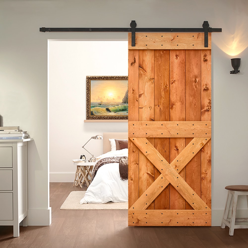 CALHOME 42-in x 84-in Red Walnut Knotty Pine Wood Solid Core Barn Door ...