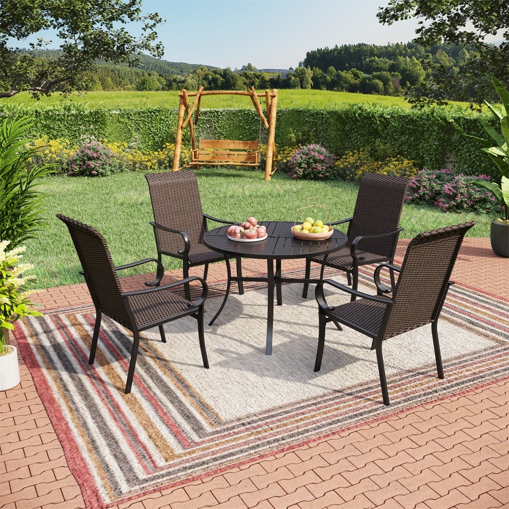 5 Piece Brown Rattan Patio Dining Set Steel Round Table with 4 Stationary Chairs TC5 350 409 at Lowes