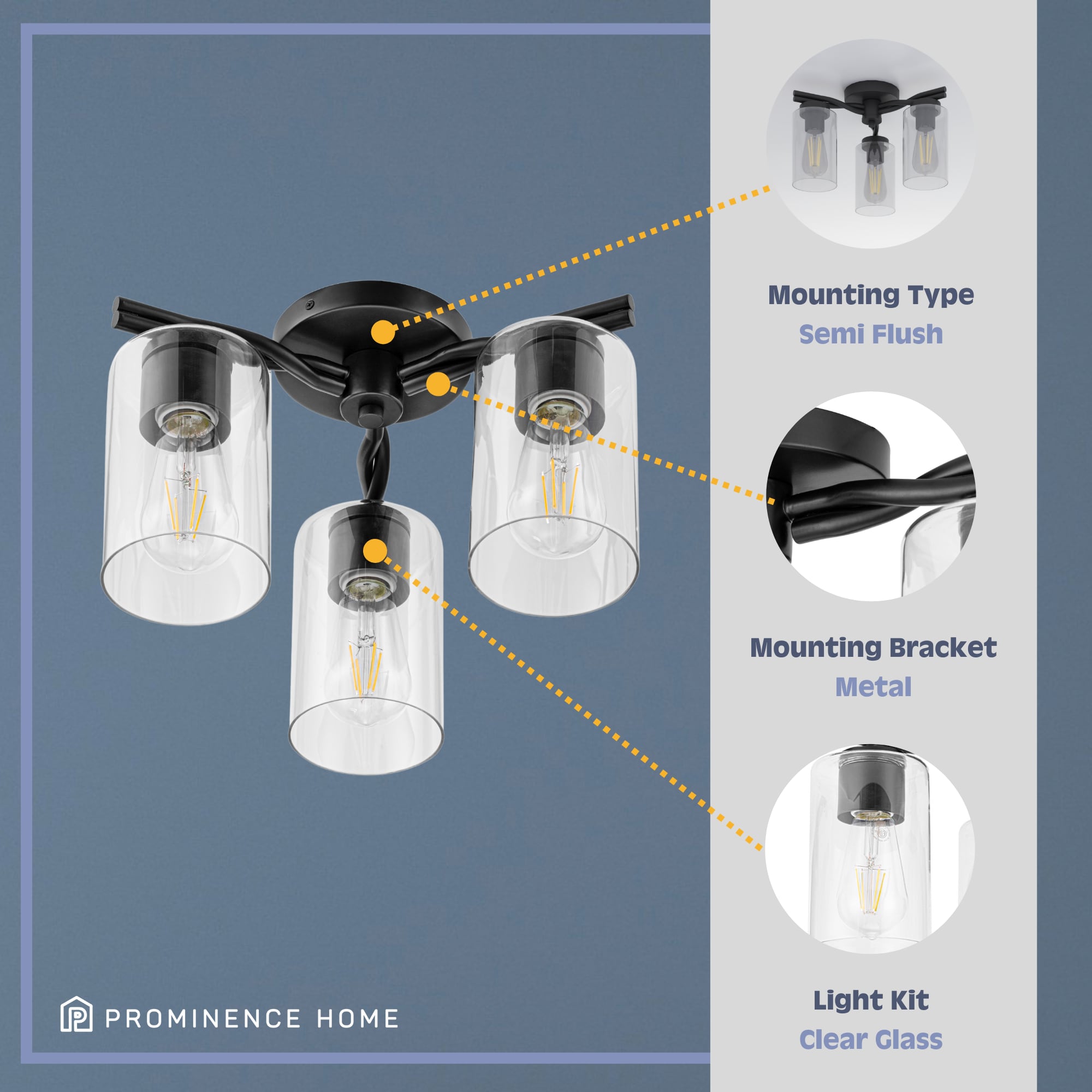 Matte Black 3-Light Semi-Flush Mount with Clear Glass Shades