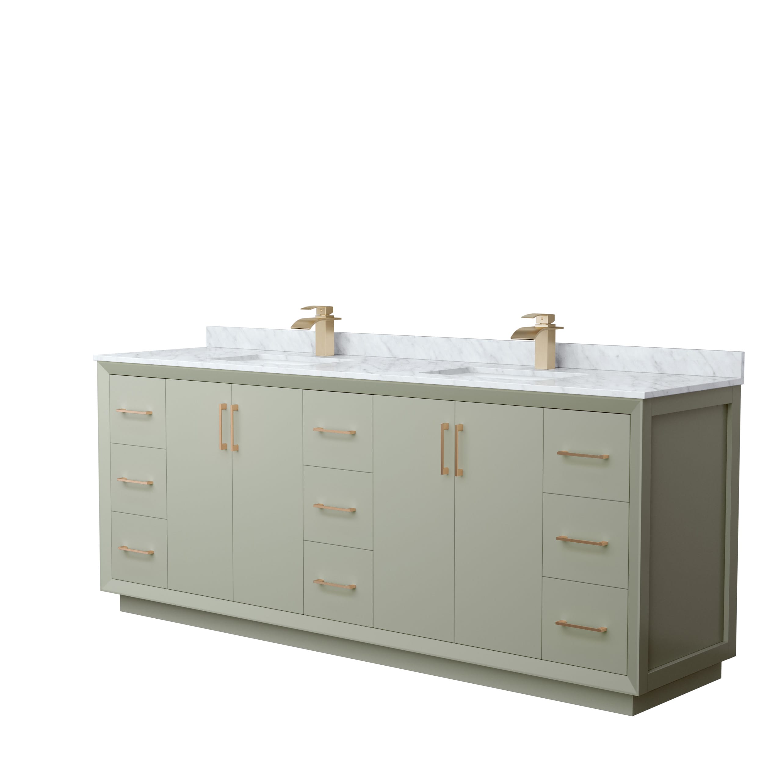Wyndham Collection WCF414184DLZCMUNSMXX Strada 84-in Light Green with Satin Bronze Trim Undermount Double Sink Bathroom Vanity with White Carrara Marble Natural Marble Top