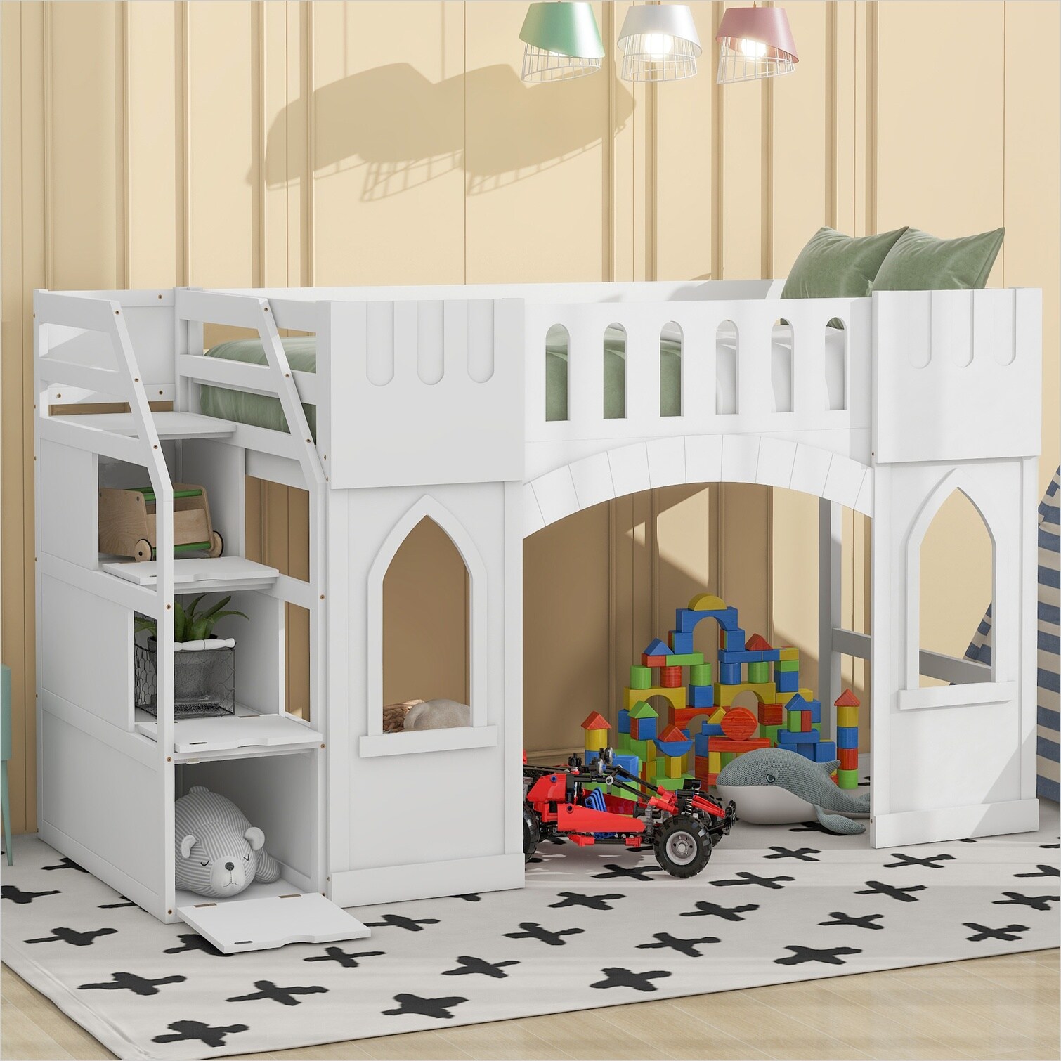 Naturefalls Classic White Twin Loft Bed with Storage Staircase and Play ...