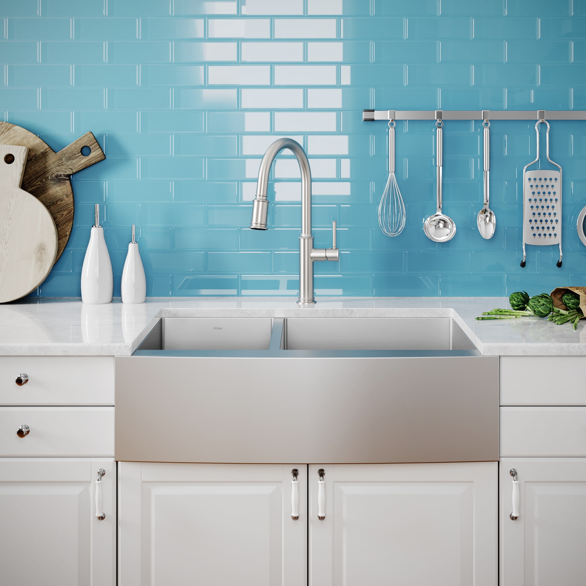 Satin Stainless Steel Double Bowl Farmhouse Kitchen Sink