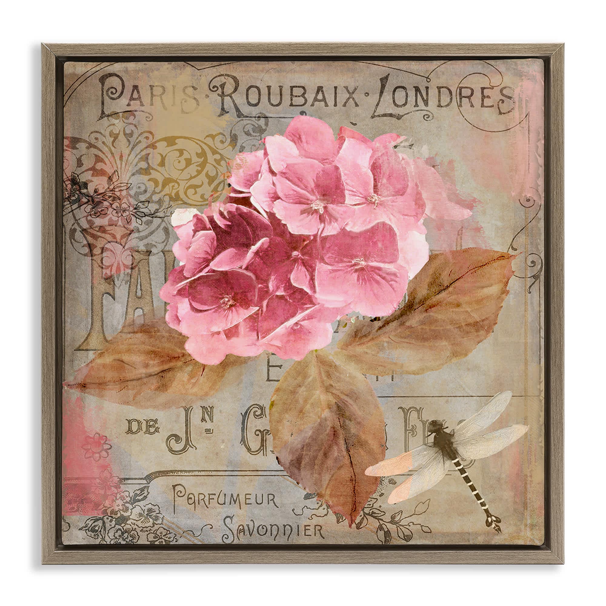 Stupell Industries BT-006-FFE-17X17 Vintage French Hydrangea Brown Framed Floater Canvas Wall Art By Sasha 18 x 18