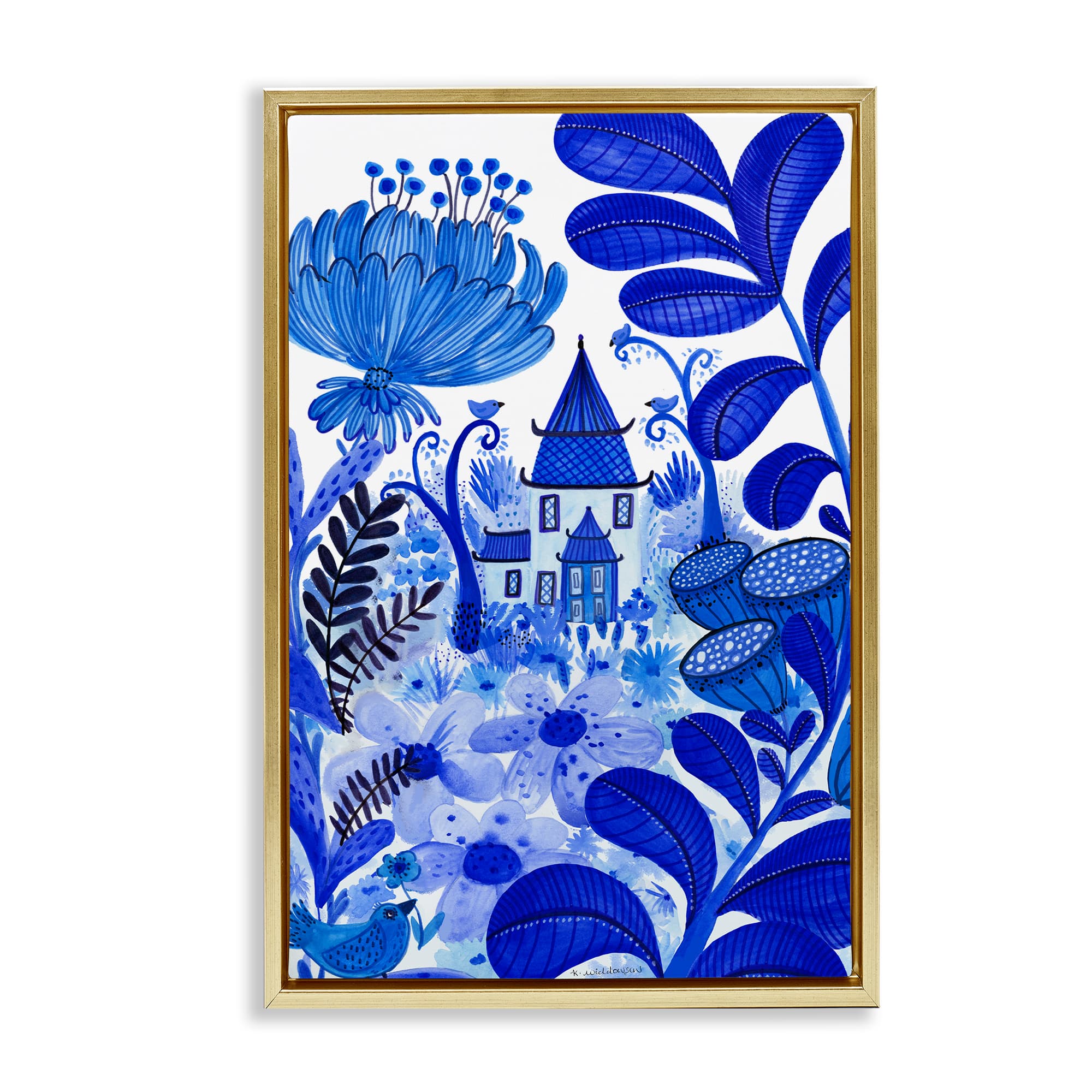 Stupell Industries BS-605-FFG-16X24 Whimsical Blue Folk Garden Gold Framed Floater Canvas Wall Art By Kay Widdowson 17 x 25