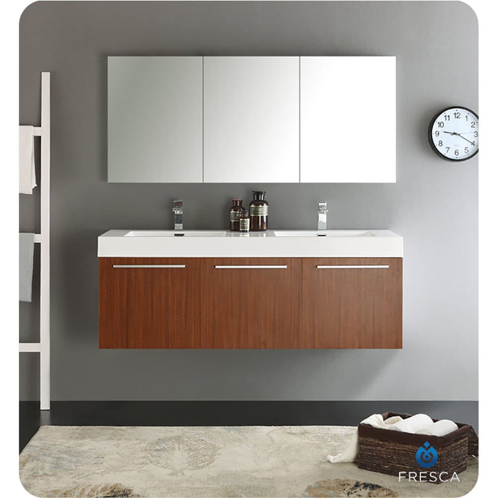 Teak 59" Wall-Mount Double Vanity Cabinet Base